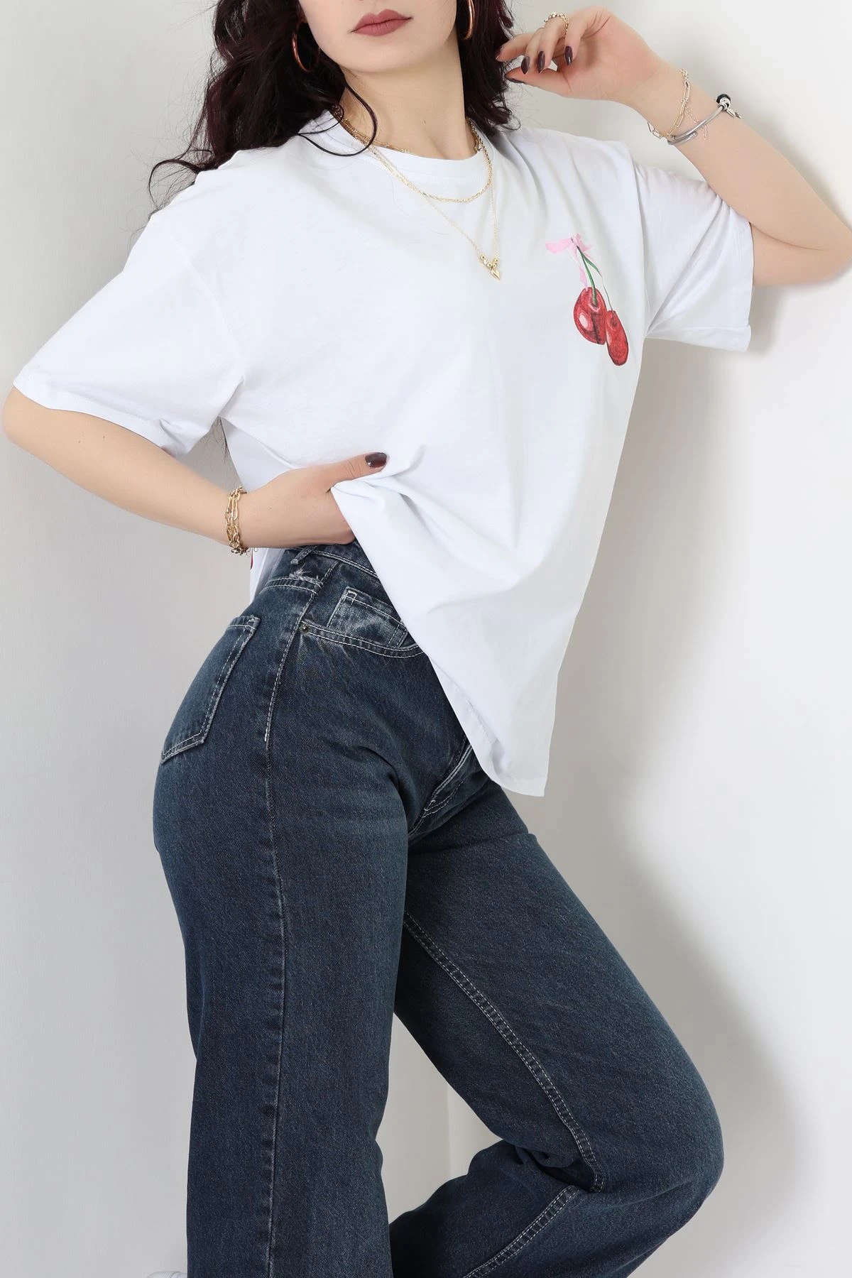 Baskılı Kompakt Penye Tişört Beyazkiraz - 55044.1872.