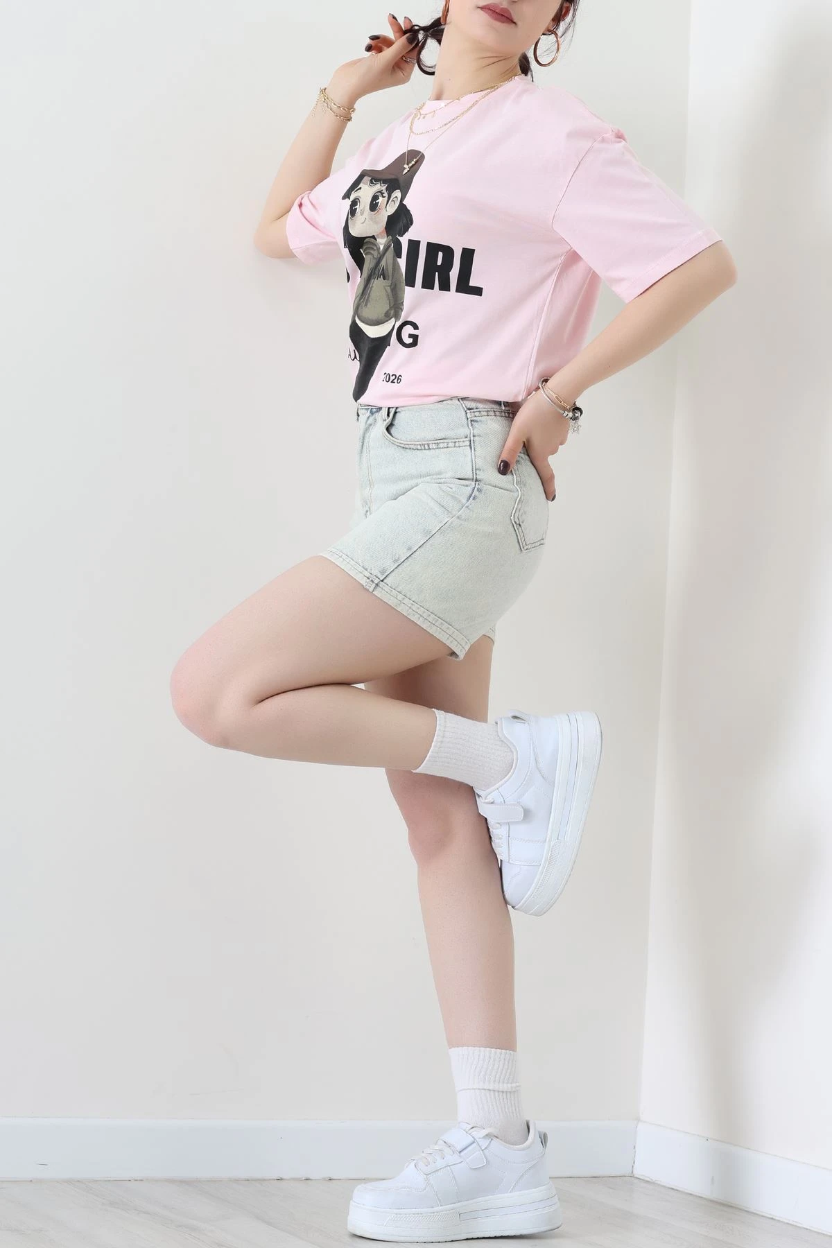 Baskılı Kompakt Penye Tişört Pembekahve - 55044.1872.