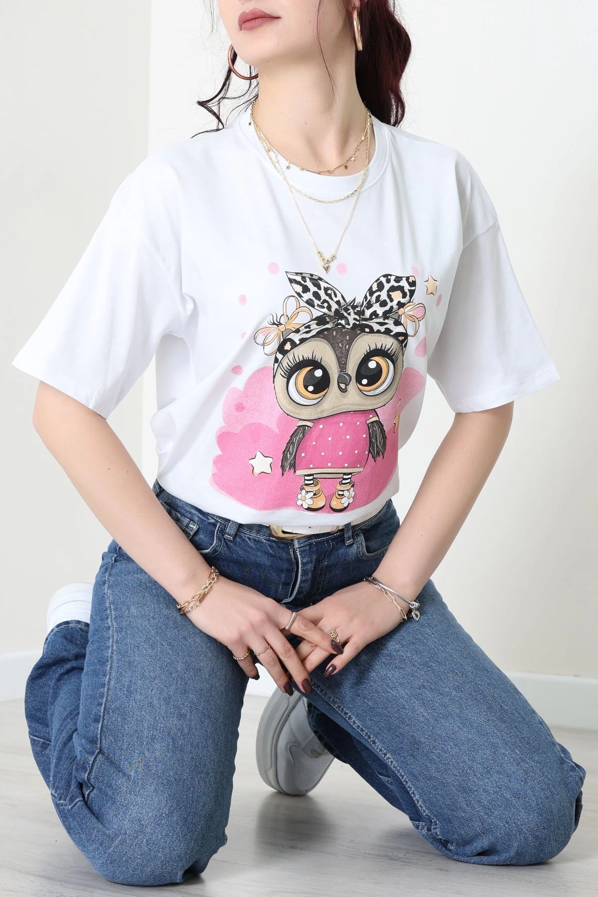 Baskılı Kompakt Penye Tişört Beyazleopar - 55044.1872.