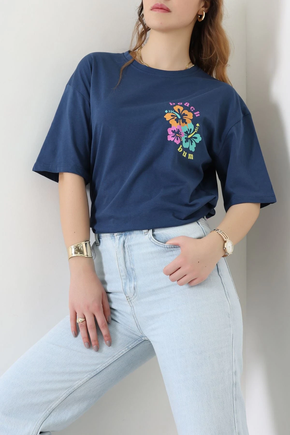 Baskılı Kompakt Penye Tişört Mavipembe - 55044.1872.