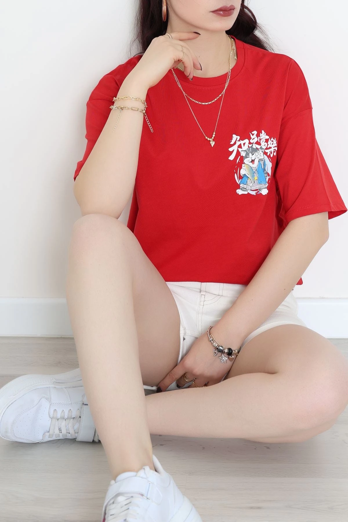 Baskılı Kompakt Penye Tişört Kırmızımavi - 55044.1872.