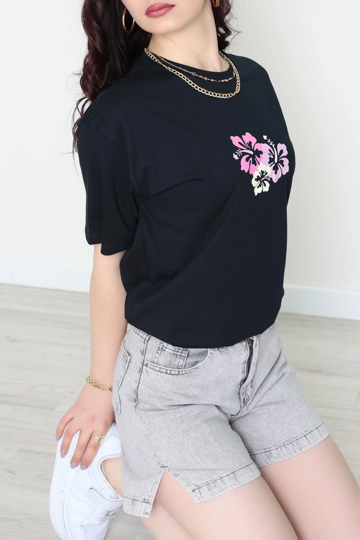 Baskılı Kompakt Penye Tişört Siyahpembe - 55044.1872.