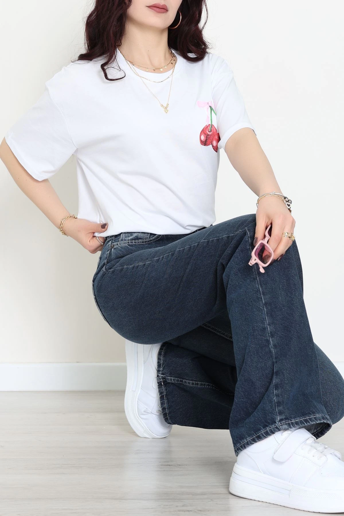 Baskılı Kompakt Penye Tişört Beyazkiraz - 55044.1872.