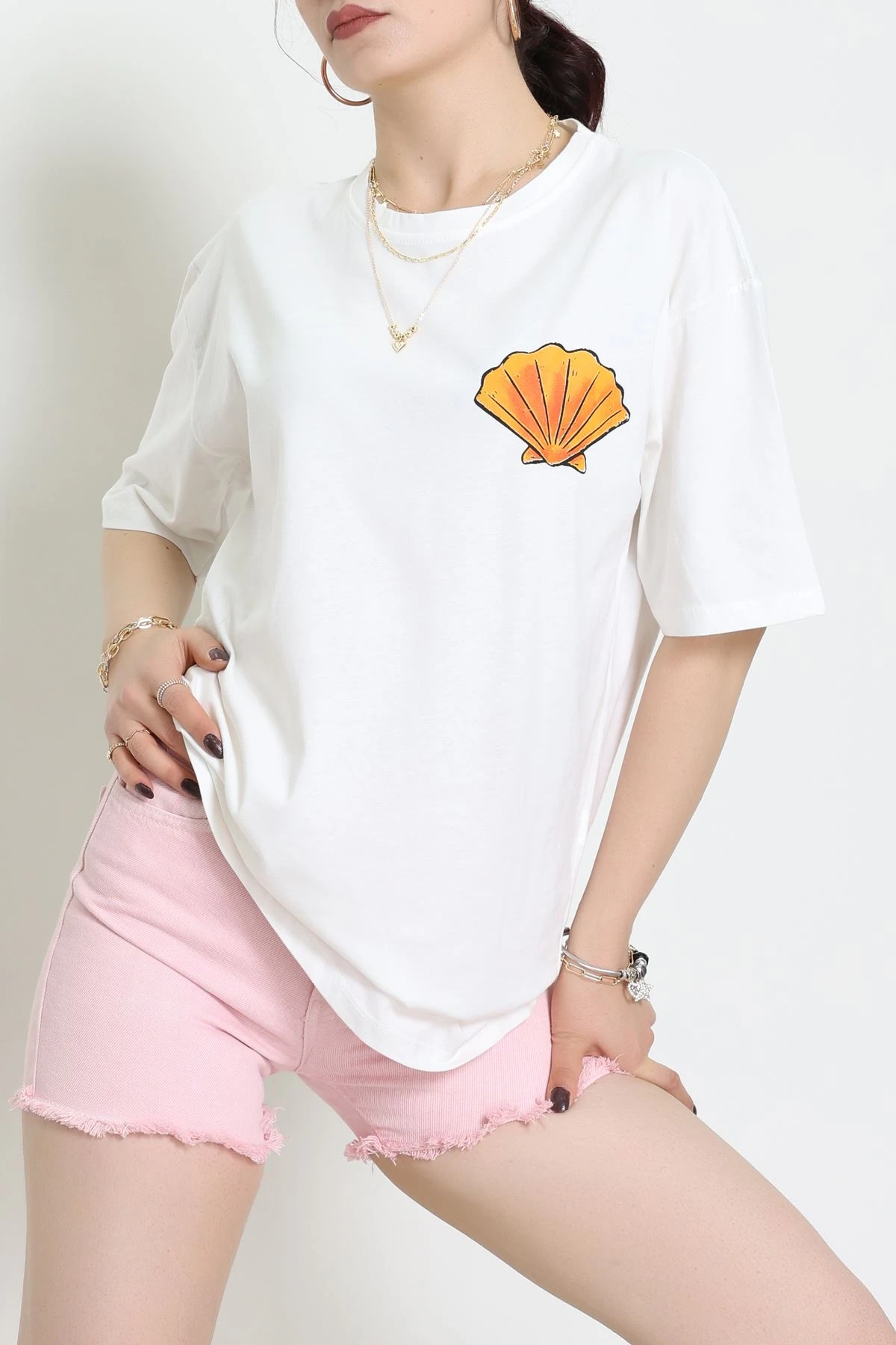 Baskılı Kompakt Penye Tişört Beyazturuncu - 55044.1872.