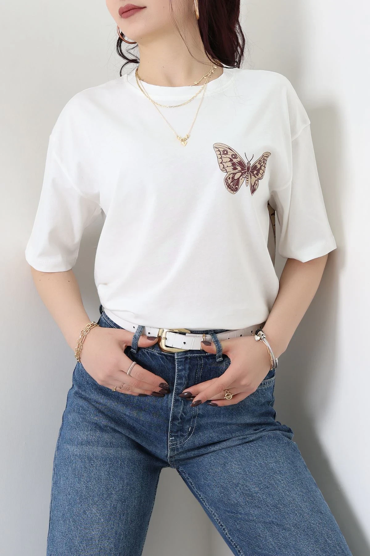 Baskılı Kompakt Penye Tişört Ekrukahve - 55044.1872.