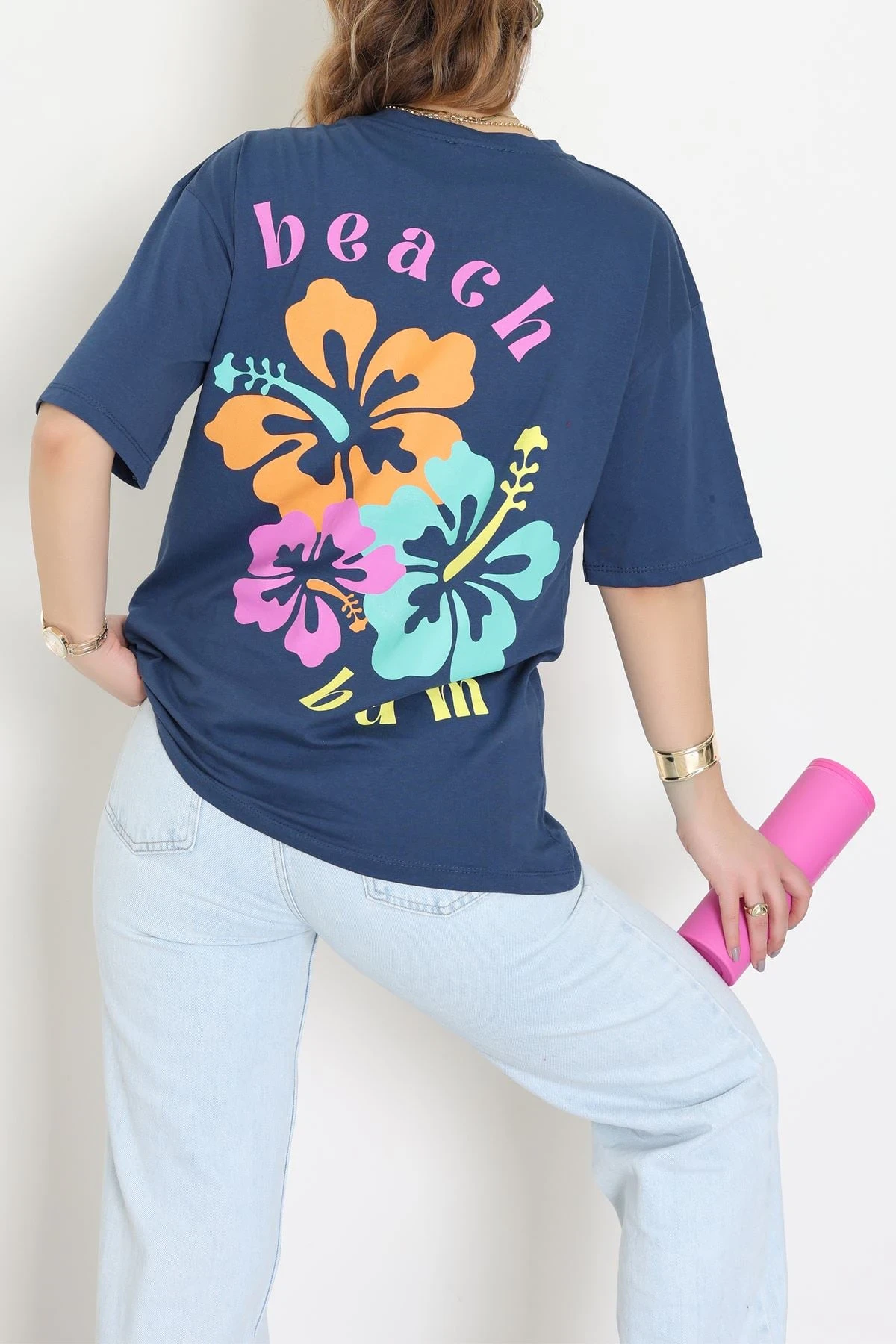 Baskılı Kompakt Penye Tişört Mavipembe - 55044.1872.