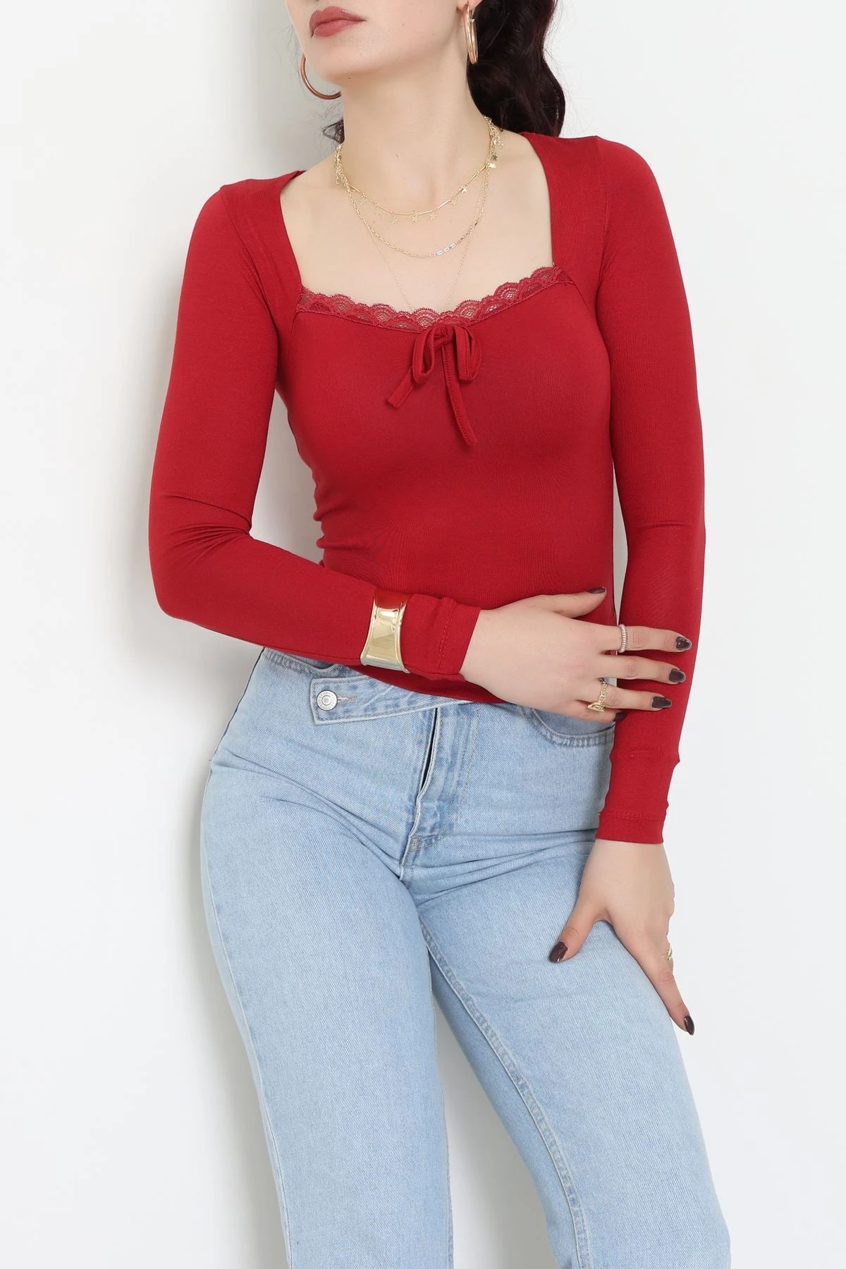 Dantel Detaylı Kare Yaka Viskon Body Bordo - 5504.599.