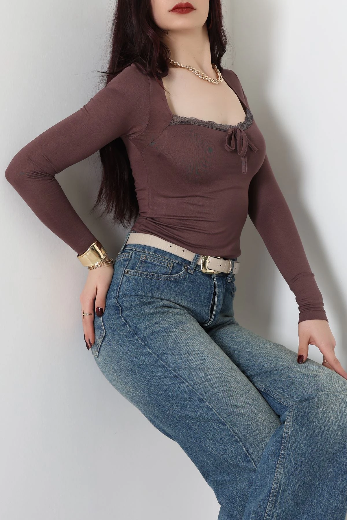 Dantel Detaylı Kare Yaka Viskon Body Kahve - 5504.599.