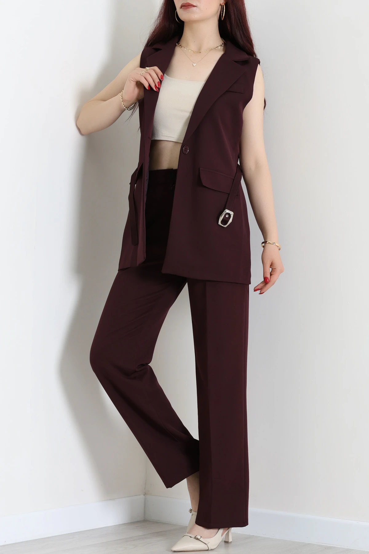 Double Astarlı Kemerli Takım Mürdüm - 55136.1397.