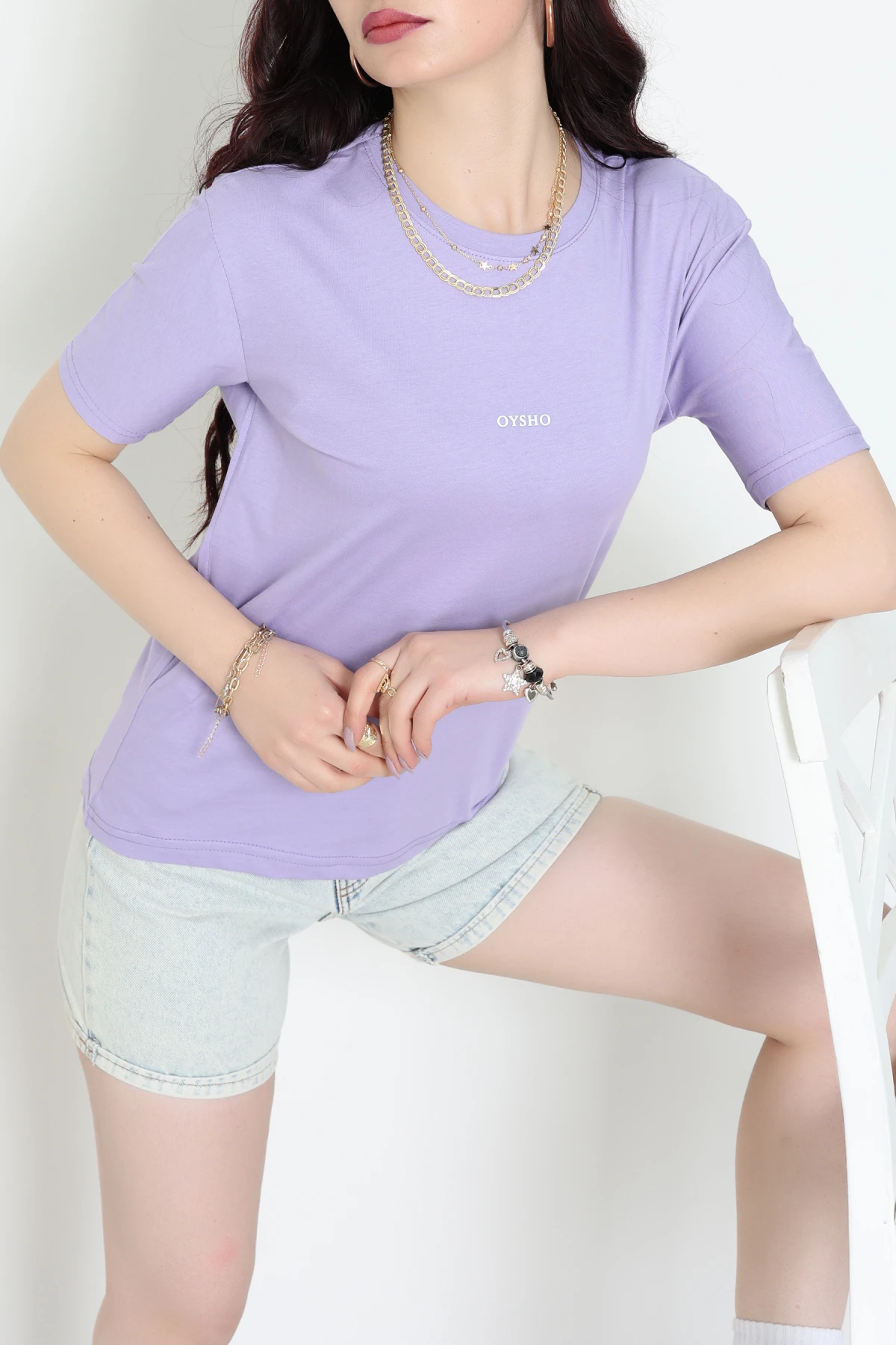 Baskılı Bisiklet Yaka Penye Tişört Lila - 60242.1878.