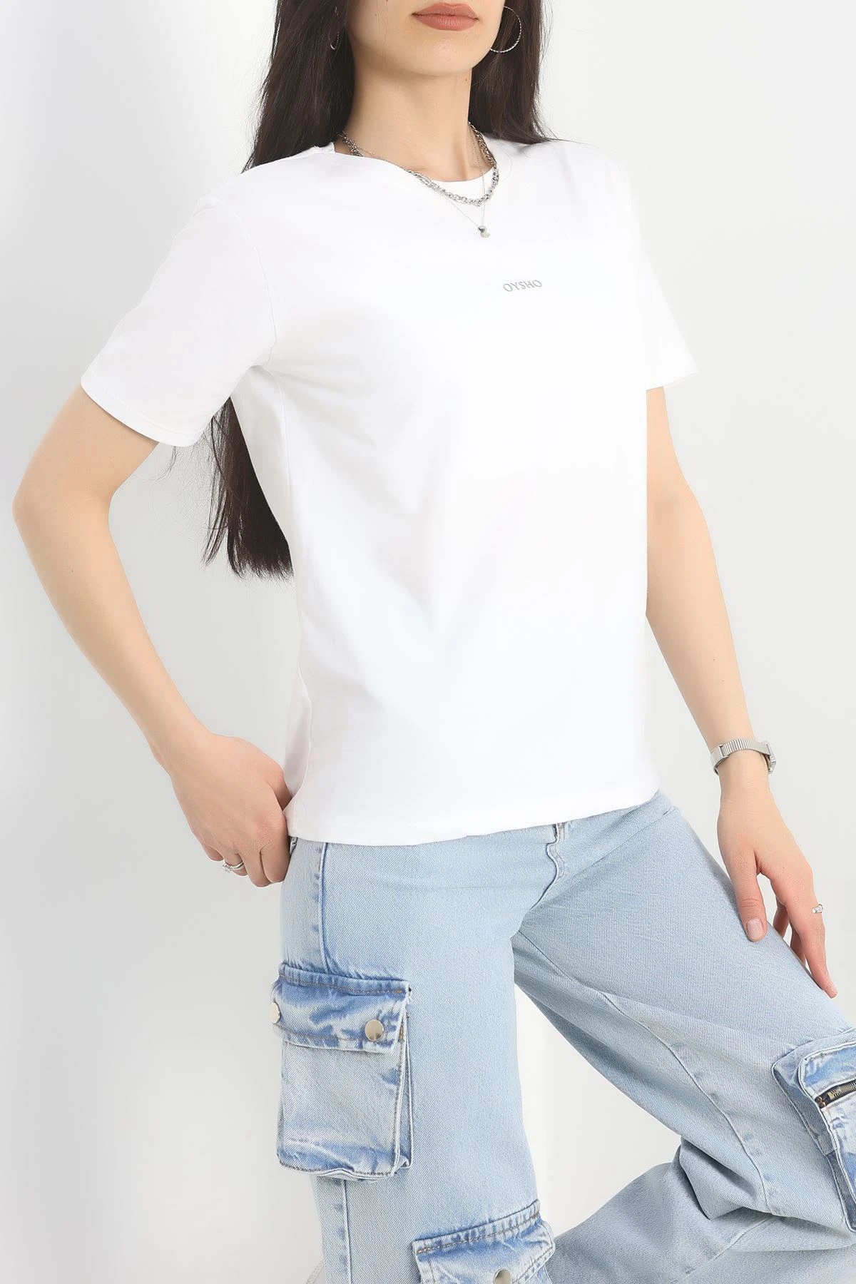 Baskılı Bisiklet Yaka Lüks Penye Tişört Beyaz - 60242.1878.