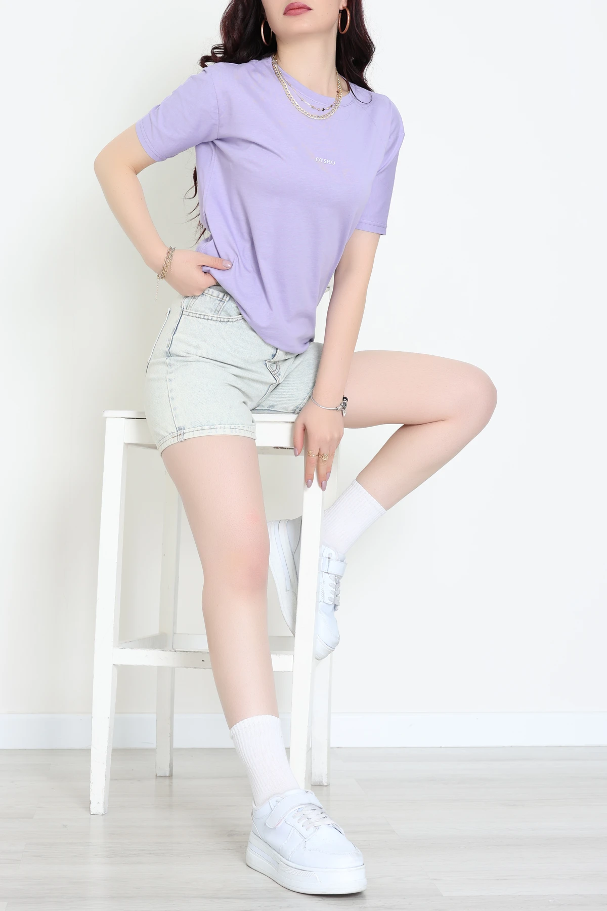 Baskılı Bisiklet Yaka Penye Tişört Lila - 60242.1878.