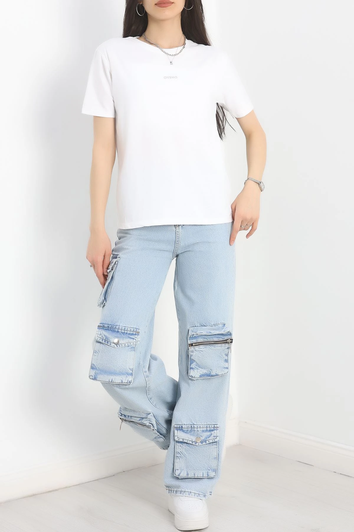 Baskılı Bisiklet Yaka Lüks Penye Tişört Beyaz - 60242.1878.