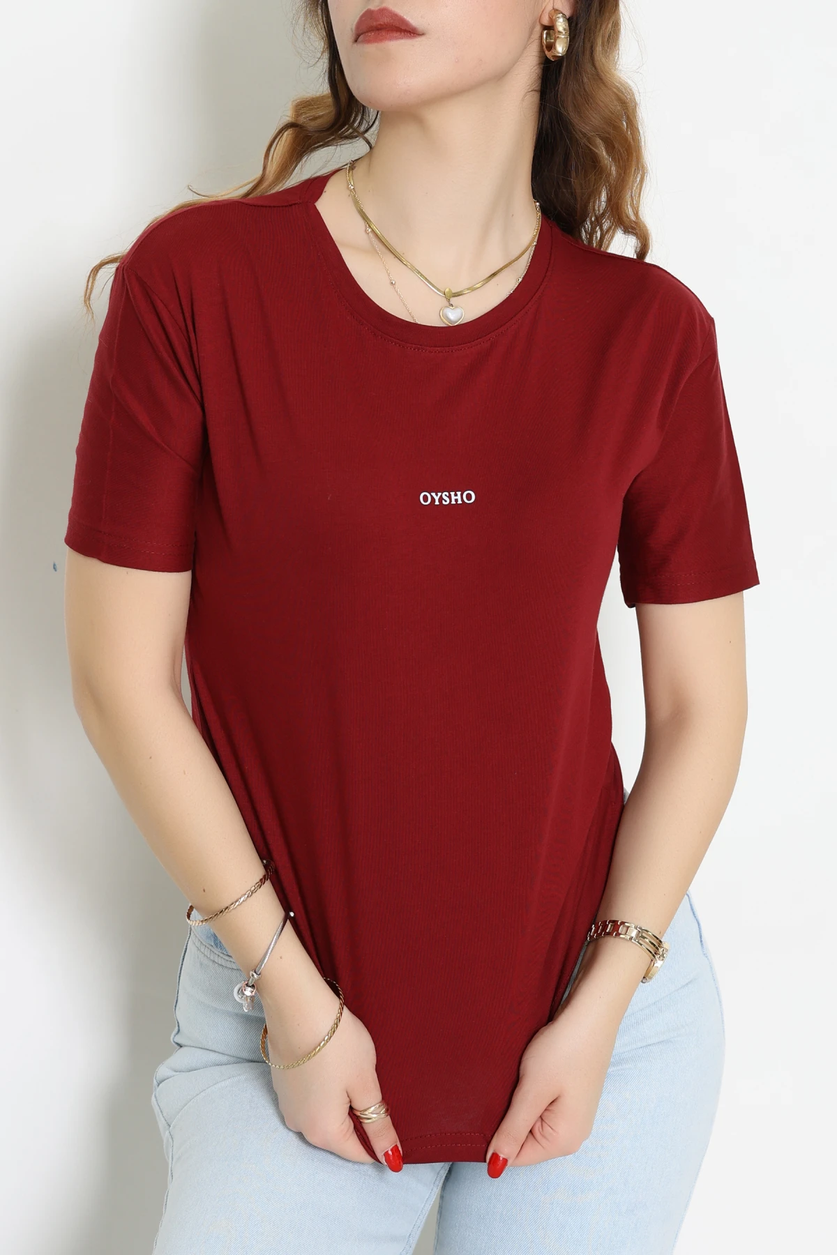 Baskılı Bisiklet Yaka Lüks Penye Tişört Bordo - 60242.1878.