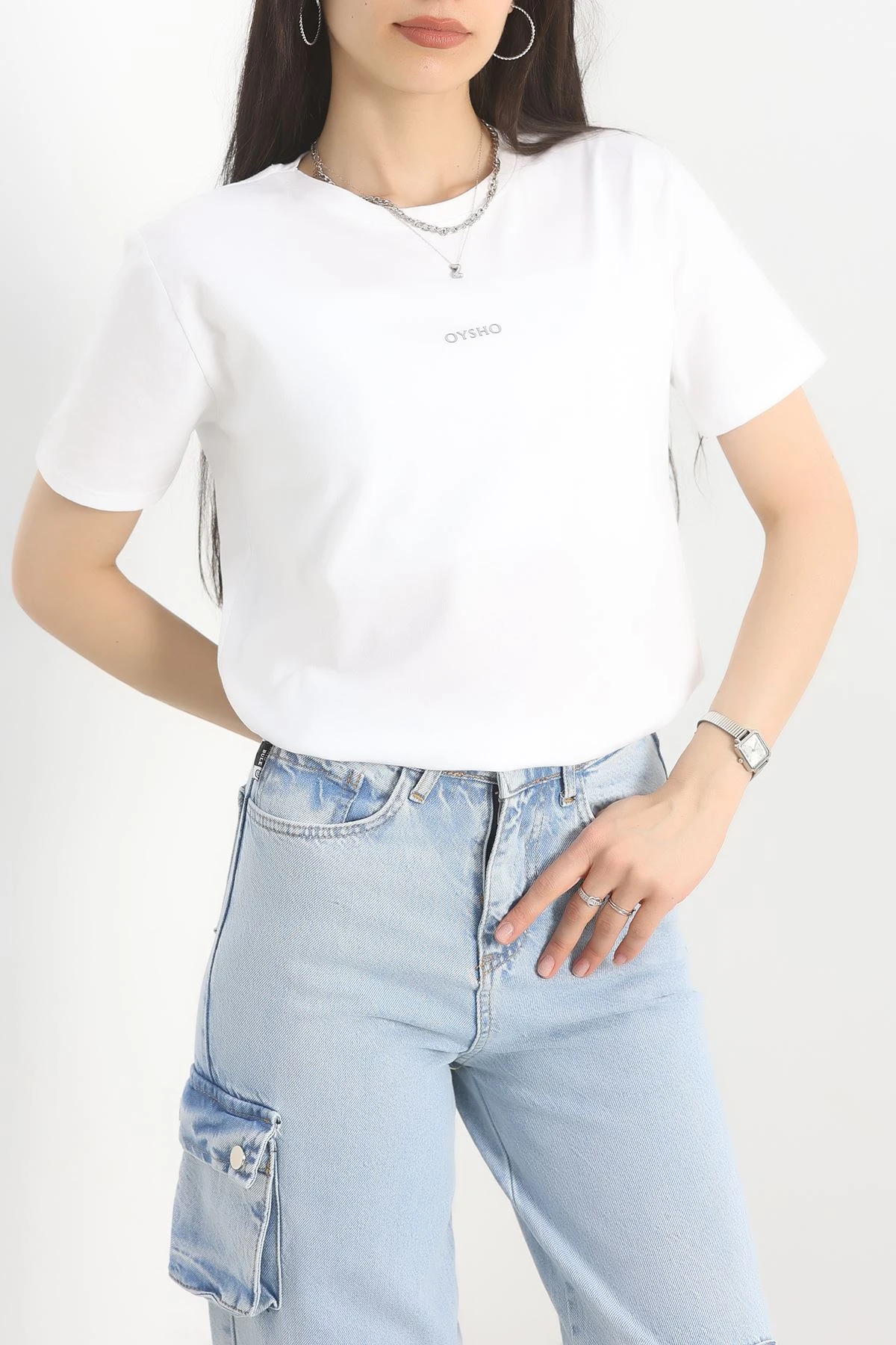 Baskılı Bisiklet Yaka Lüks Penye Tişört Beyaz - 60242.1878.