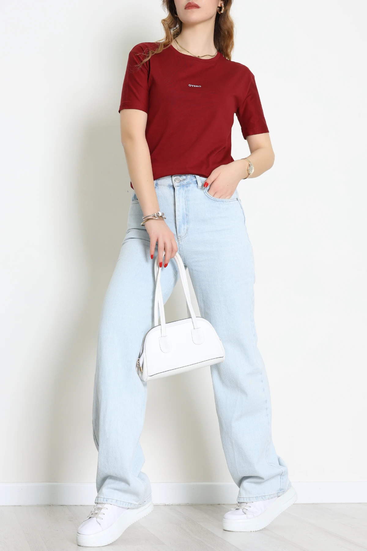 Baskılı Bisiklet Yaka Lüks Penye Tişört Bordo - 60242.1878.