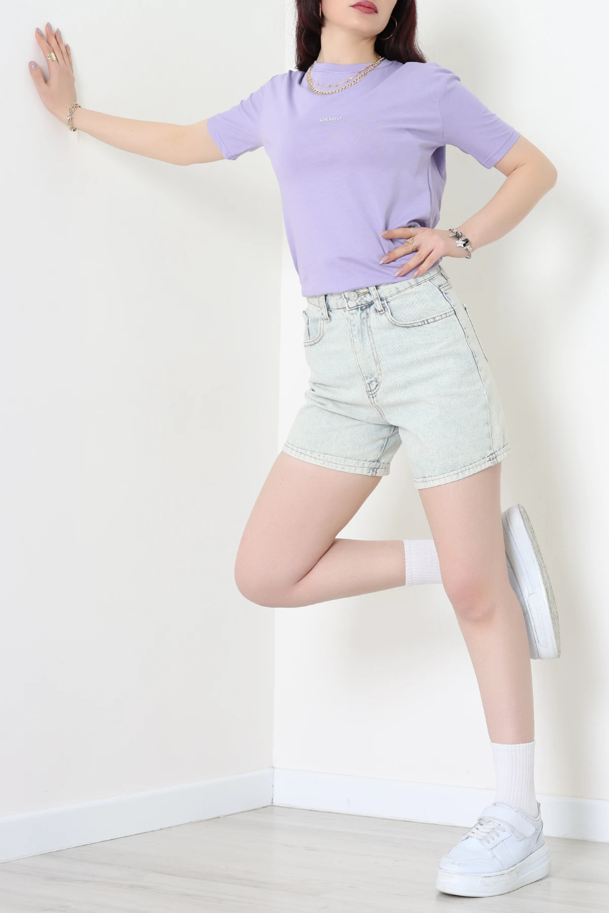 Baskılı Bisiklet Yaka Penye Tişört Lila - 60242.1878.