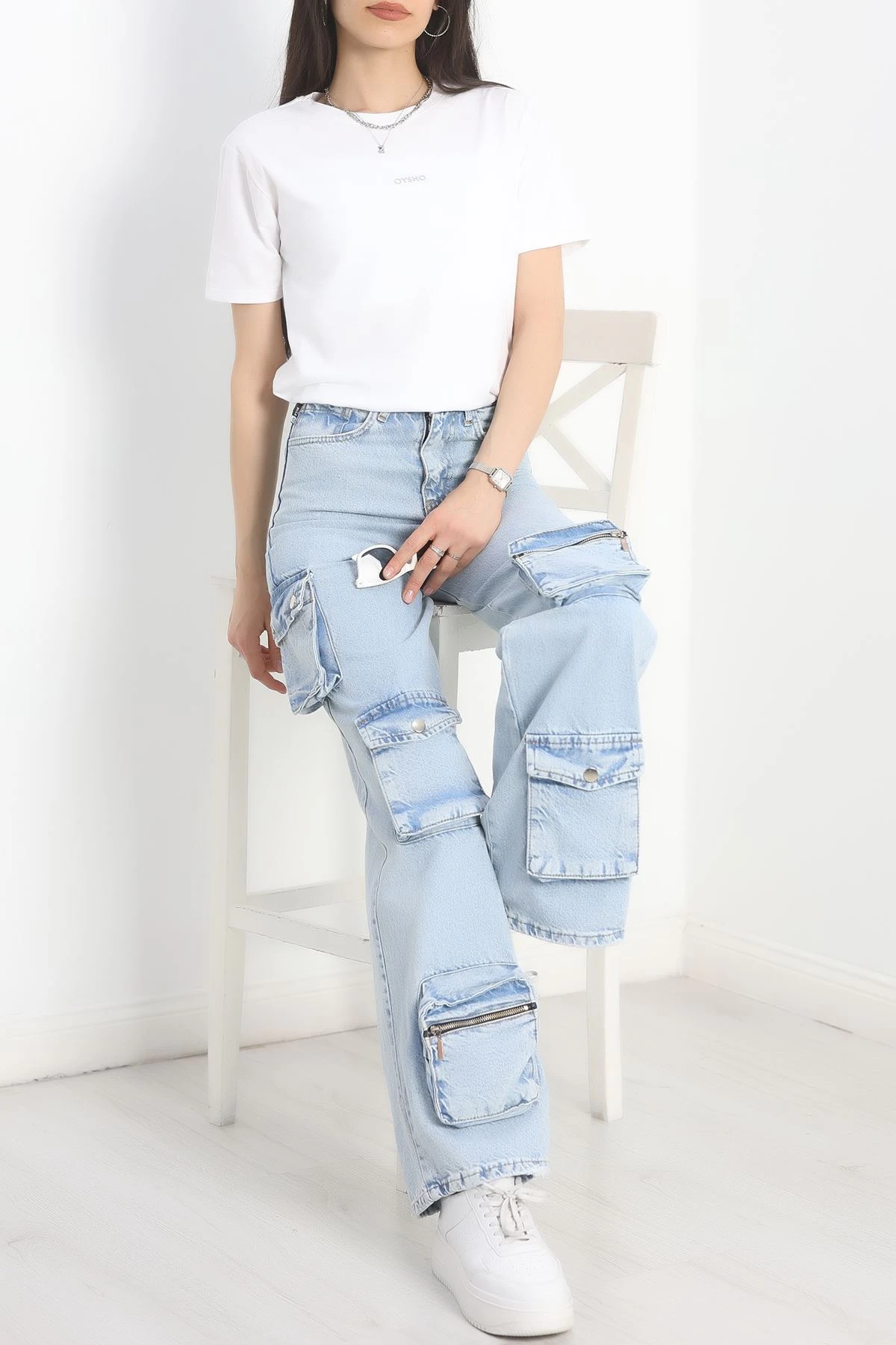 Baskılı Bisiklet Yaka Lüks Penye Tişört Beyaz - 60242.1878.