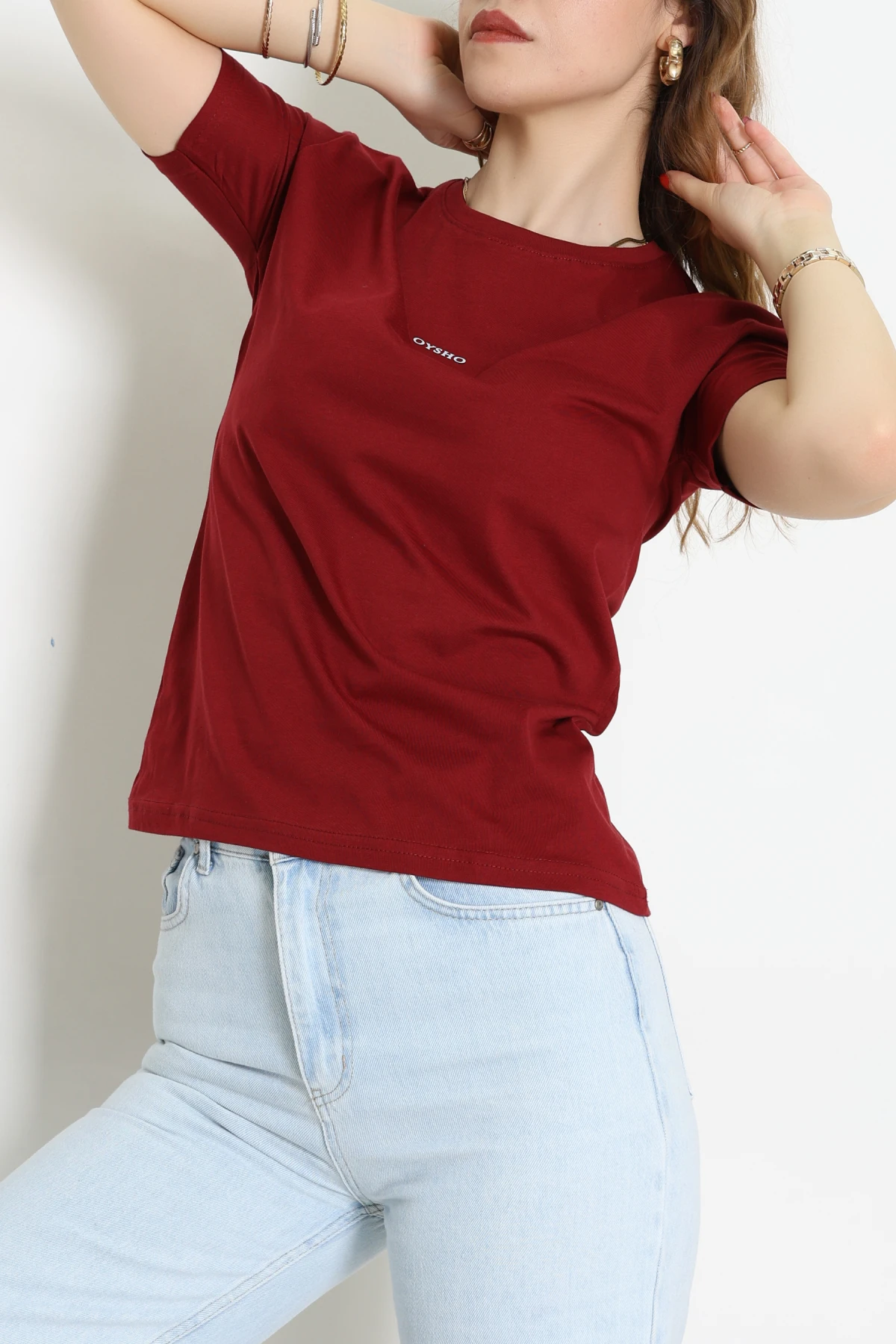 Baskılı Bisiklet Yaka Lüks Penye Tişört Bordo - 60242.1878.