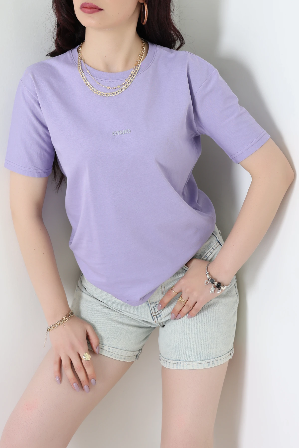 Baskılı Bisiklet Yaka Penye Tişört Lila - 60242.1878.