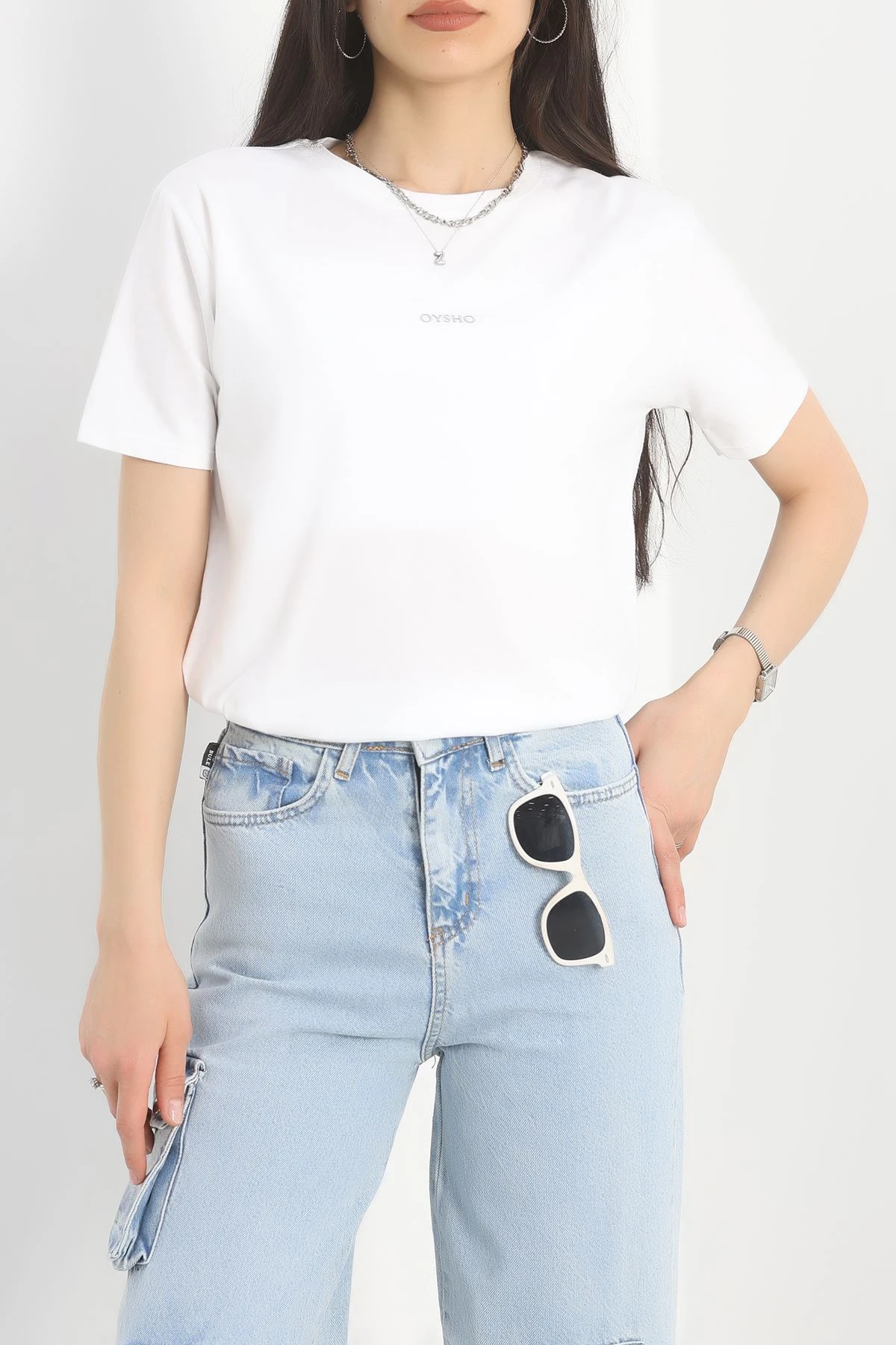 Baskılı Bisiklet Yaka Lüks Penye Tişört Beyaz - 60242.1878.