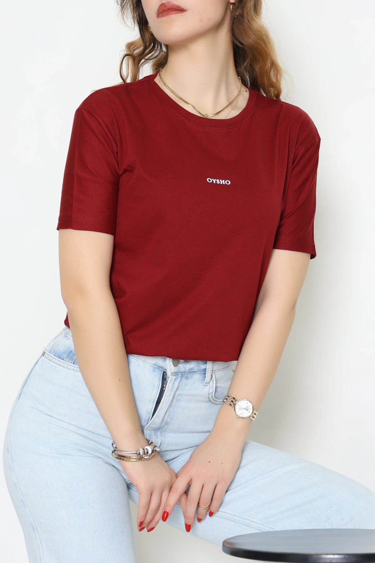 Baskılı Bisiklet Yaka Lüks Penye Tişört Bordo - 60242.1878.