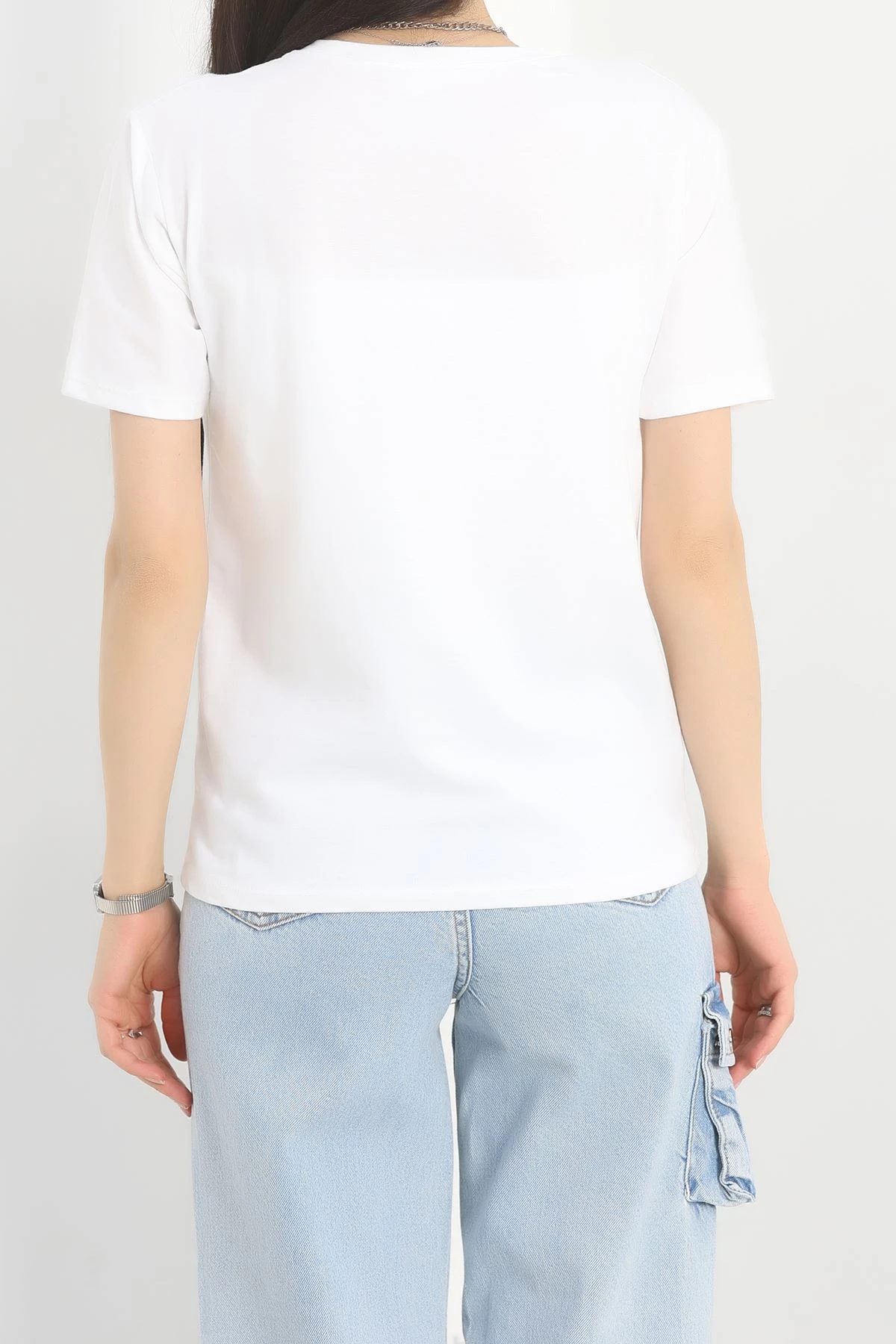 Baskılı Bisiklet Yaka Lüks Penye Tişört Beyaz - 60242.1878.