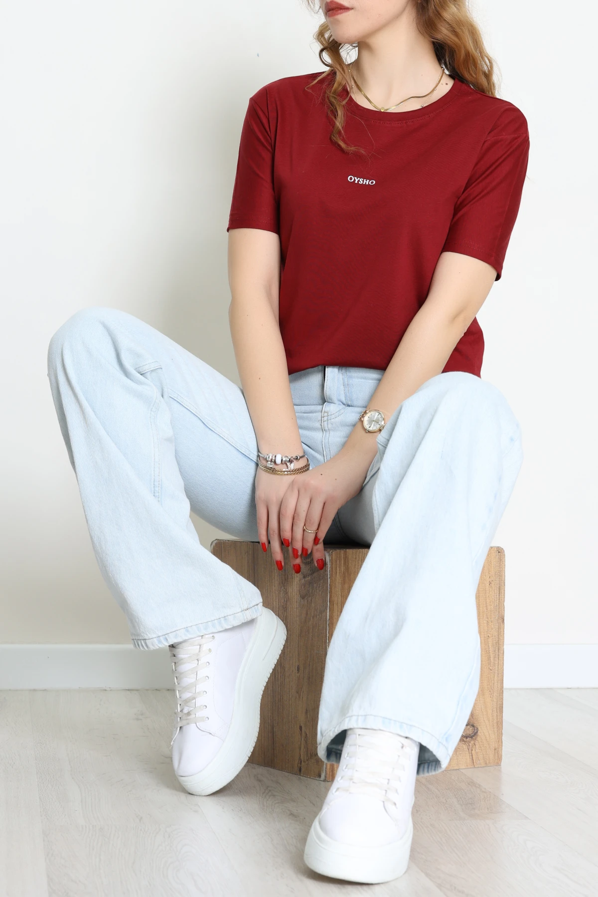 Baskılı Bisiklet Yaka Lüks Penye Tişört Bordo - 60242.1878.