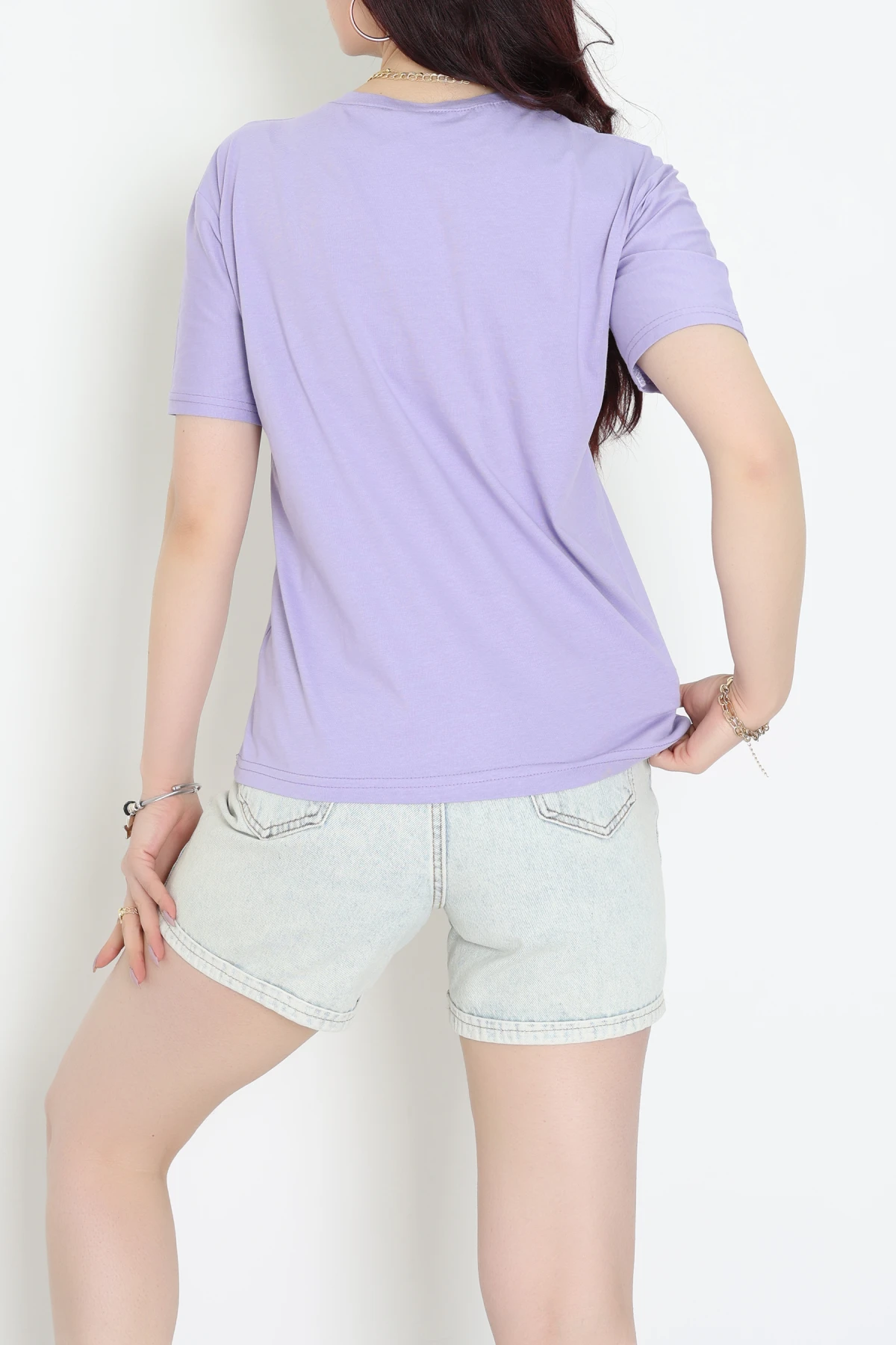 Baskılı Bisiklet Yaka Penye Tişört Lila - 60242.1878.