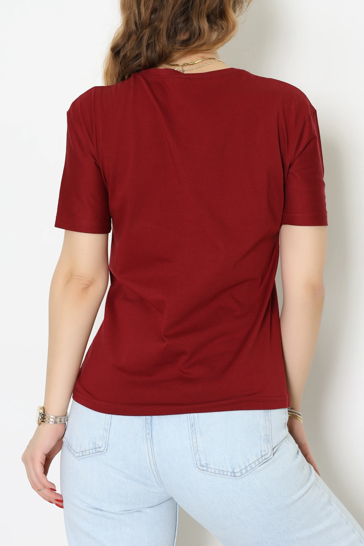 Baskılı Bisiklet Yaka Lüks Penye Tişört Bordo - 60242.1878.