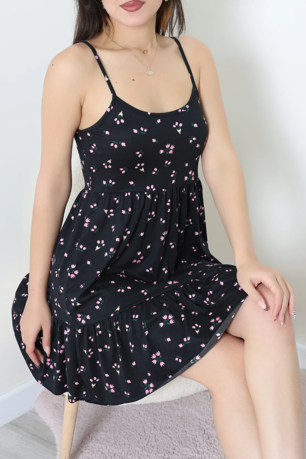 Milan Askılı Gecelik Elbise Siyahçiçek - 70183.1857.