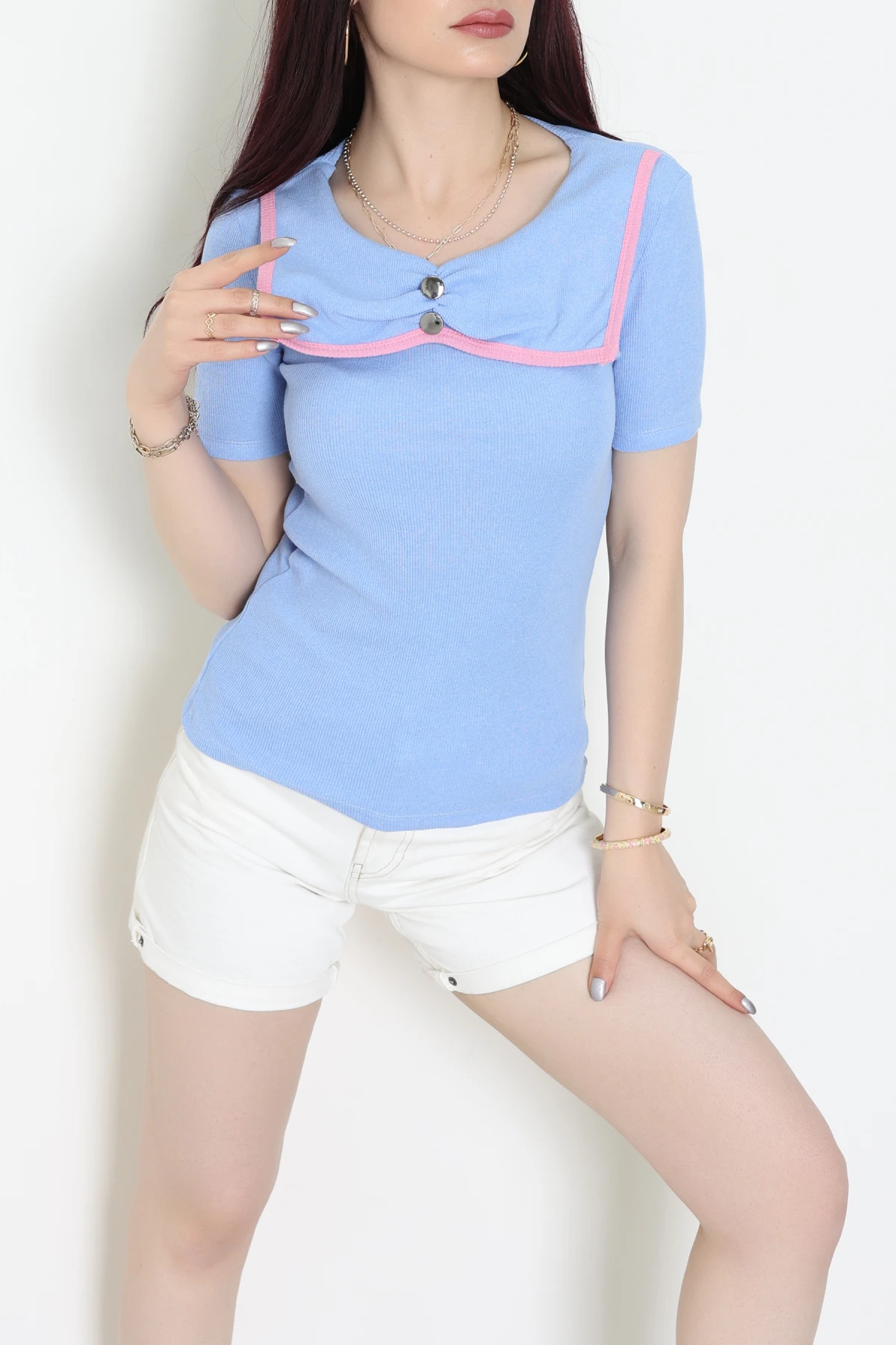 Bisiklet Yaka Düğme Detaylı Bluz Mavi - 70731.1960.