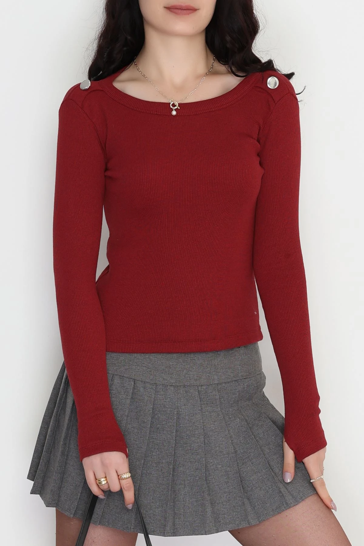 Bisiklet Yaka Omuz Düğmeli Kaşkorse Body Bordo - 70790.599.