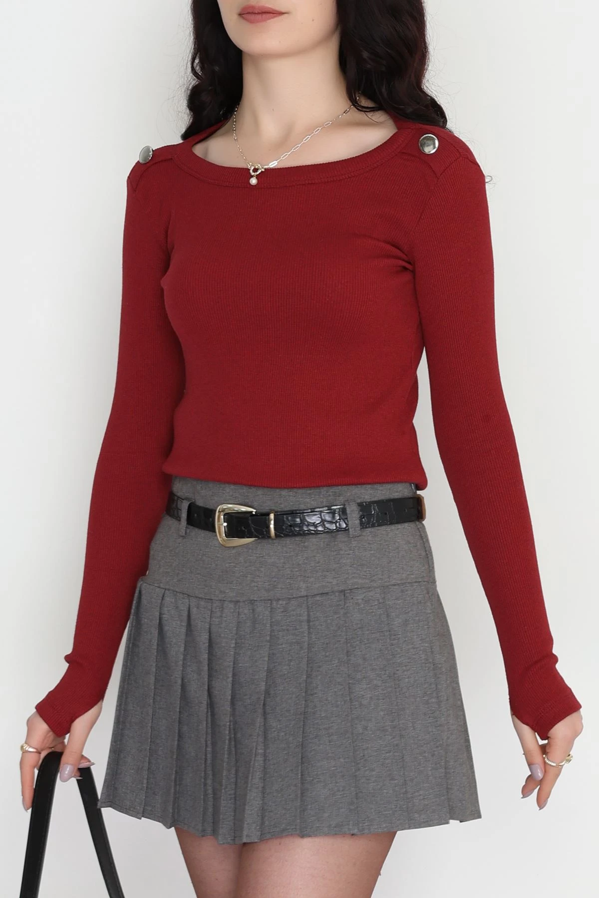 Bisiklet Yaka Omuz Düğmeli Kaşkorse Body Bordo - 70790.599.