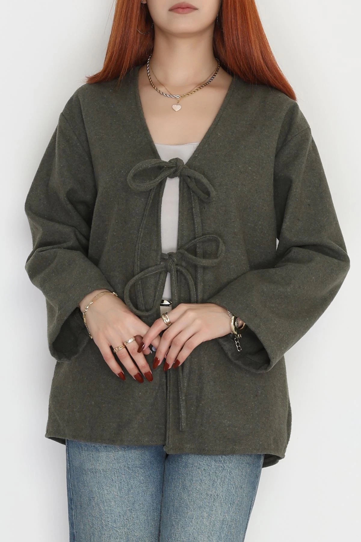 Önü Bağcıklı Kaşe Hırka Haki - 70995.1775.