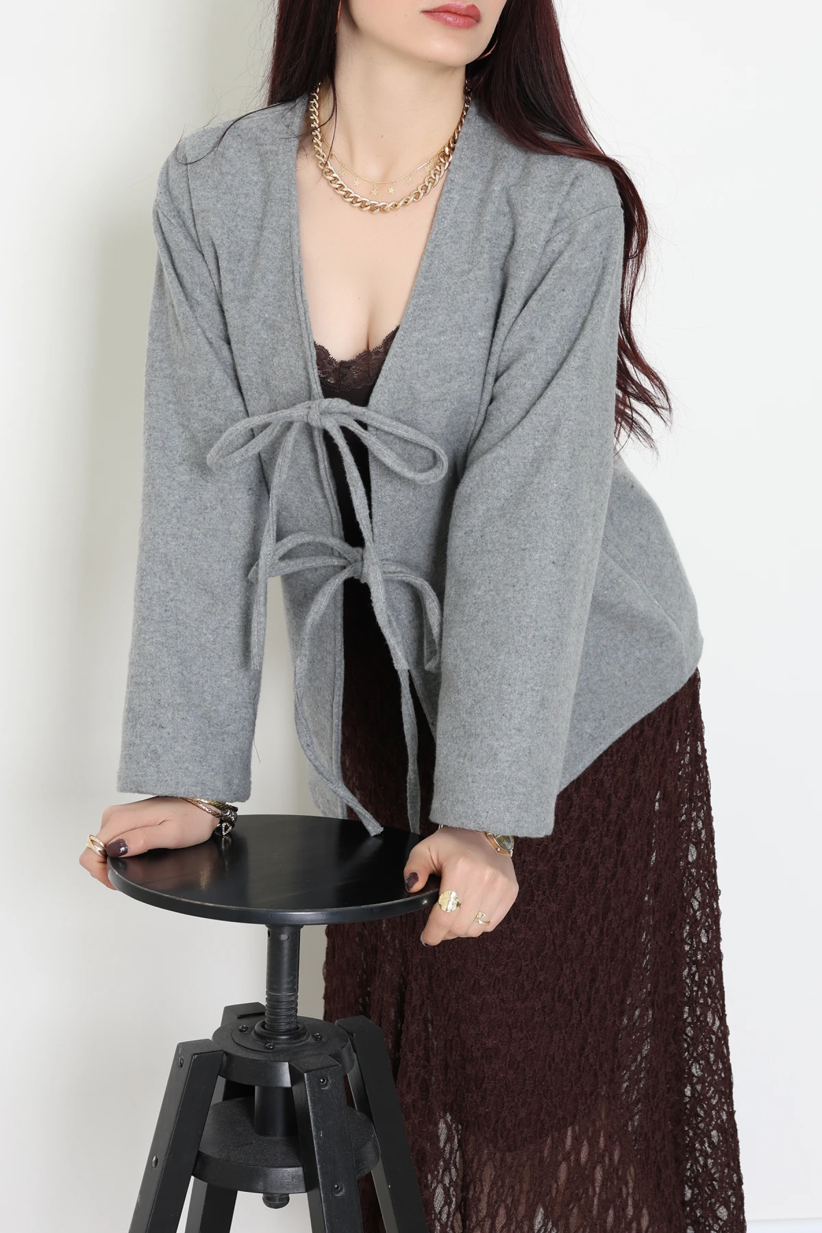 Önü Bağcıklı Kaşe Hırka Gri - 70995.1775.