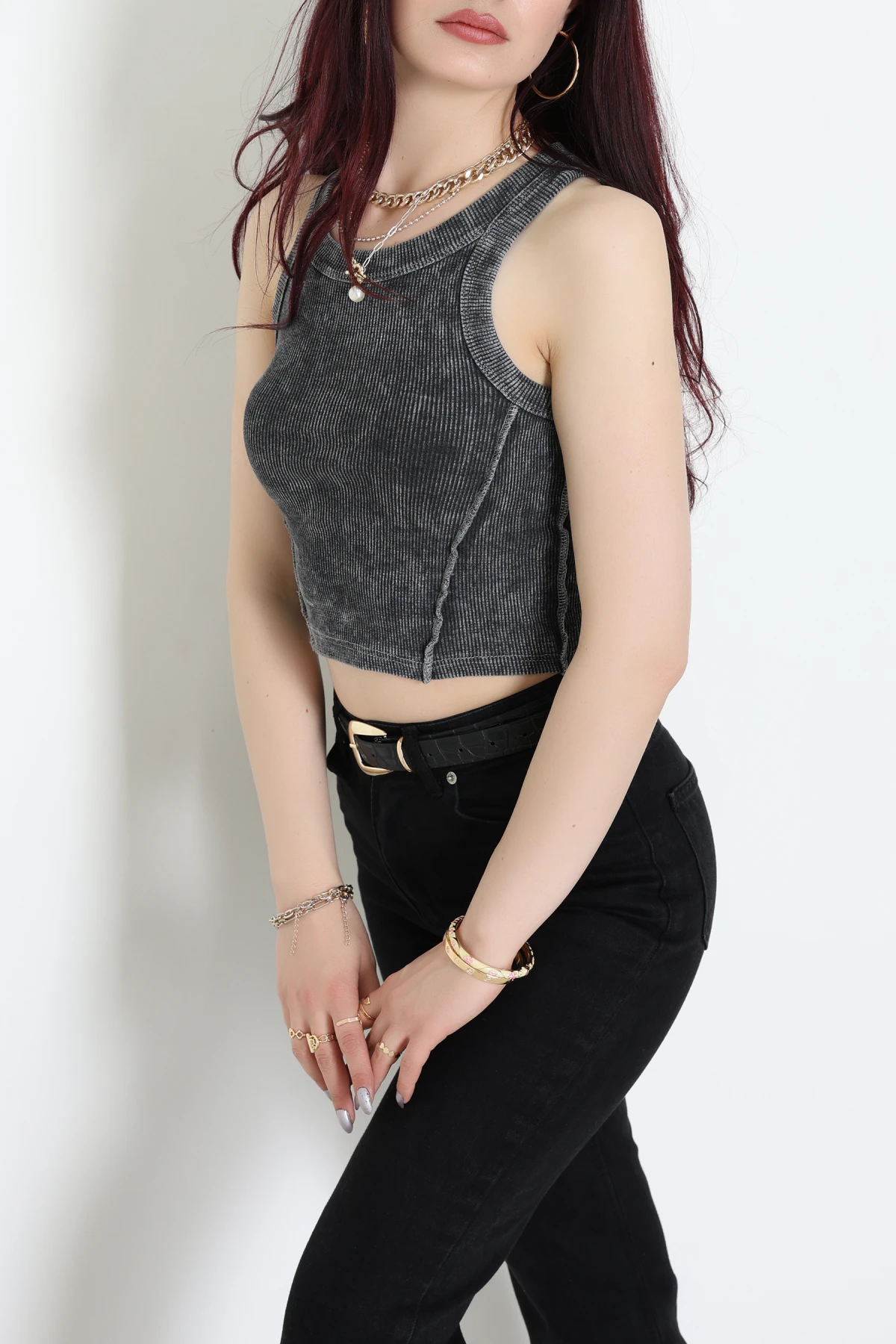 Asit Yıkamalı Kaşkorse Crop Body Antrasit - 71062.1748.