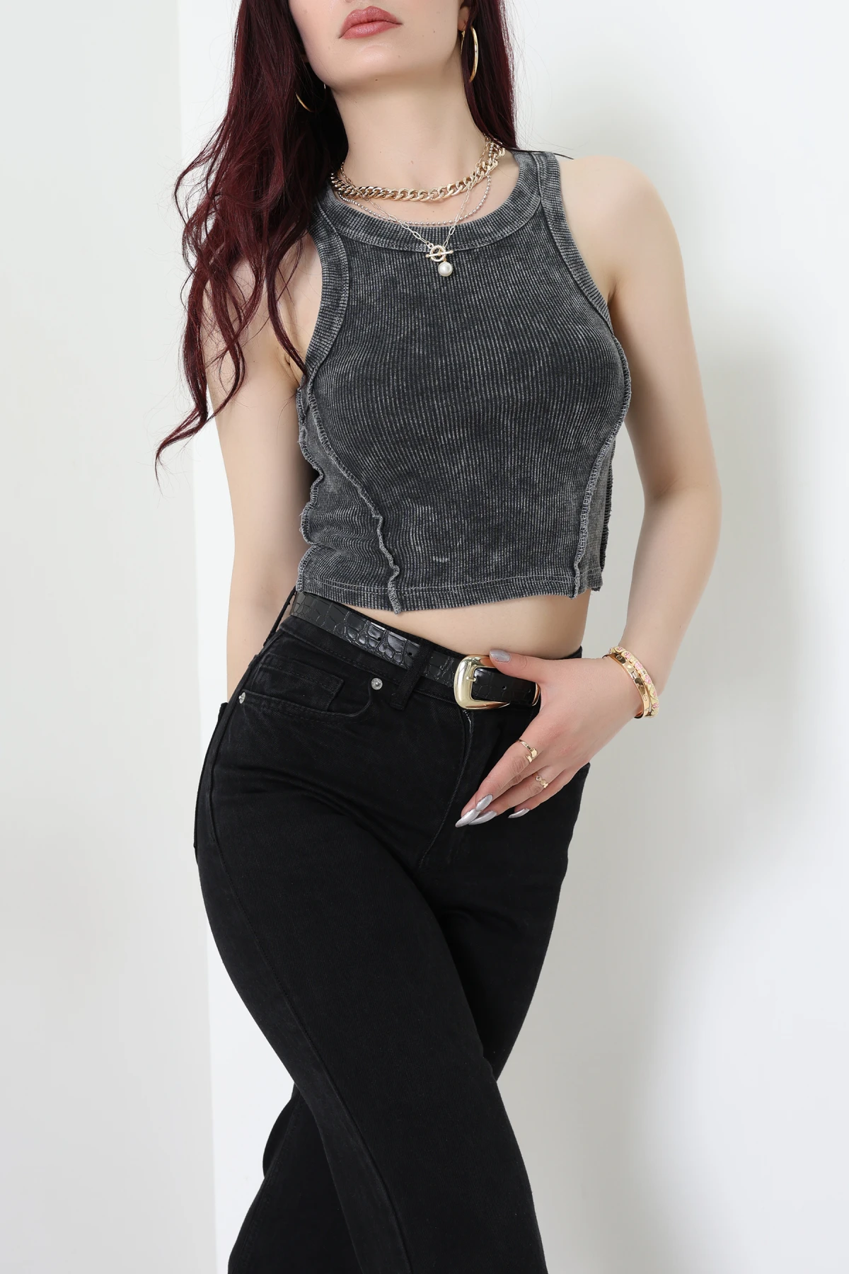 Asit Yıkamalı Kaşkorse Crop Body Antrasit - 71062.1748.