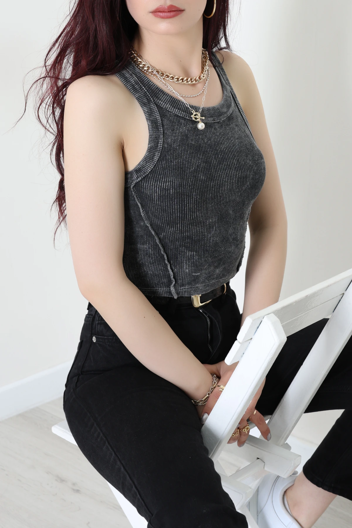 Asit Yıkamalı Kaşkorse Crop Body Antrasit - 71062.1748.