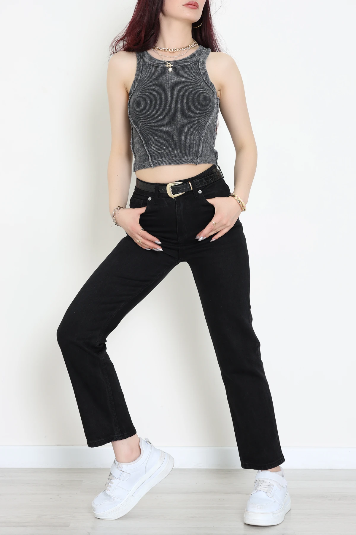 Asit Yıkamalı Kaşkorse Crop Body Antrasit - 71062.1748.