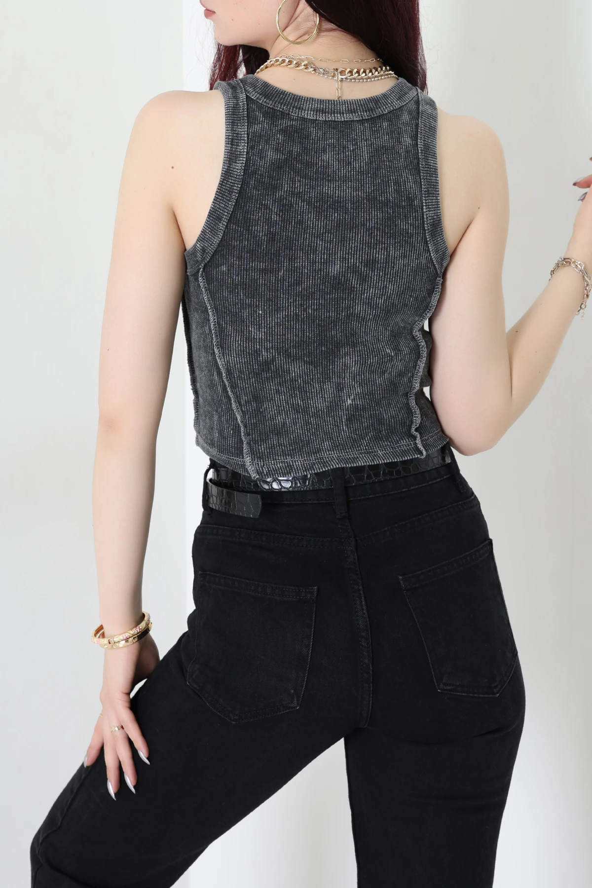 Asit Yıkamalı Kaşkorse Crop Body Antrasit - 71062.1748.