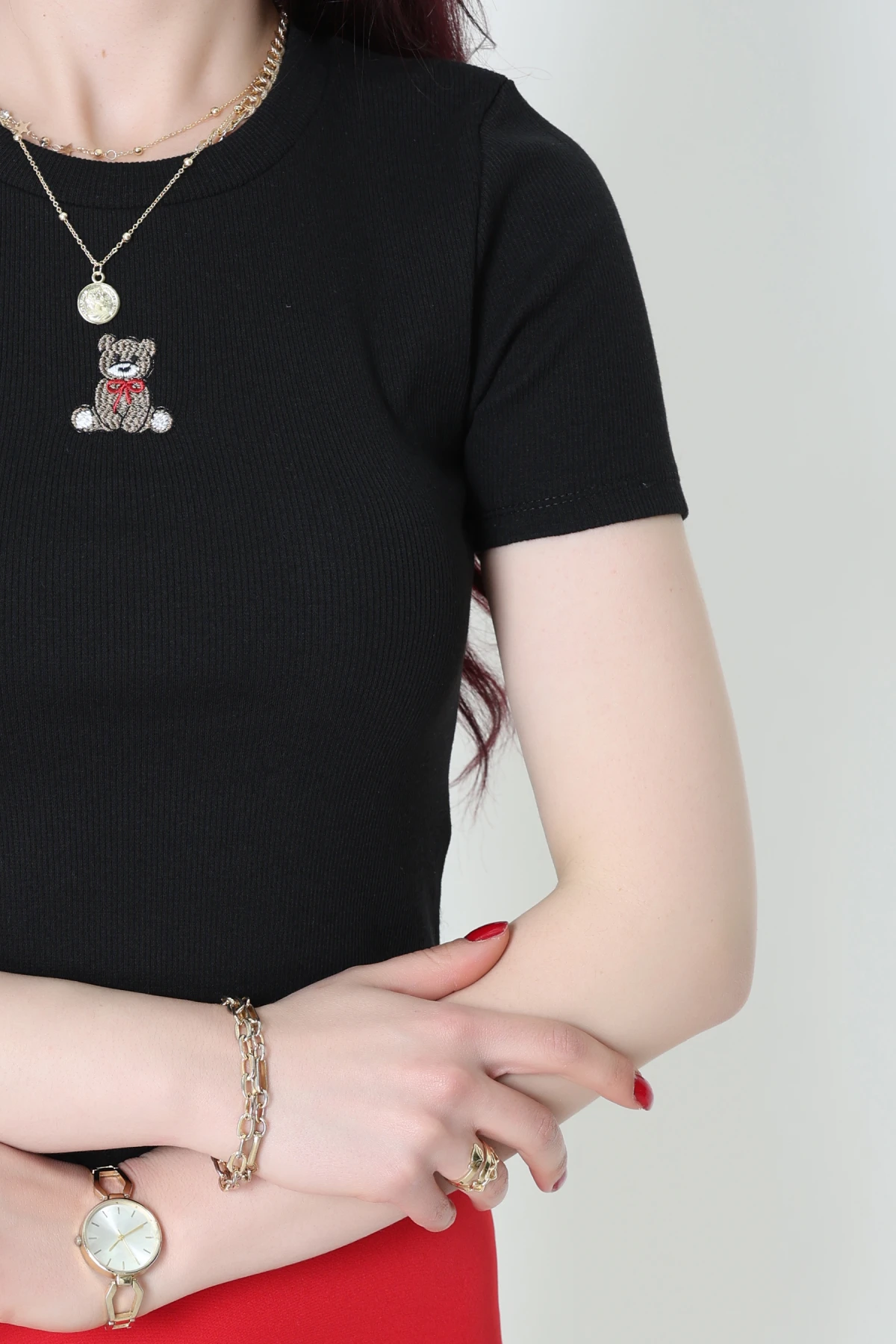 Ayıcık Nakışlı Kaşkorse Bluz Siyah - 71081.1748.