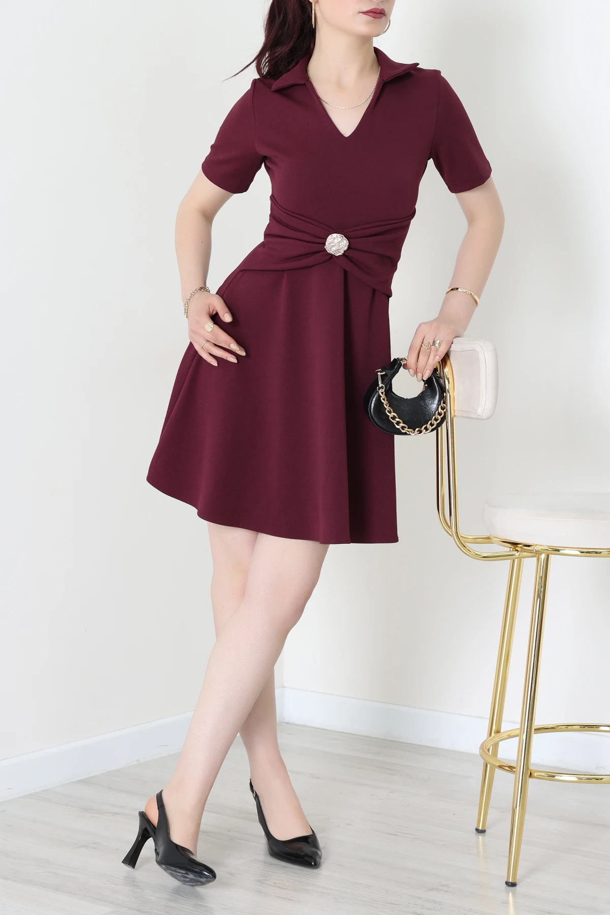 Aksesuar Detaylı Krep Kumaş Kloş Elbise Mürdüm - 71182.2143.