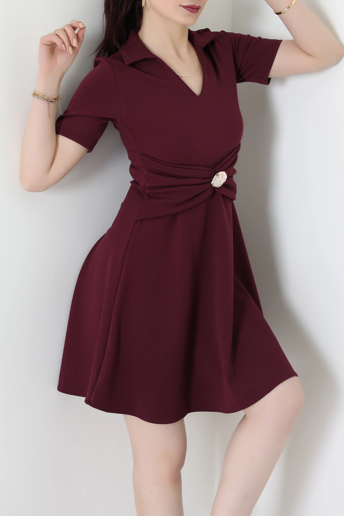 Aksesuar Detaylı Krep Kumaş Kloş Elbise Mürdüm - 71182.2143.