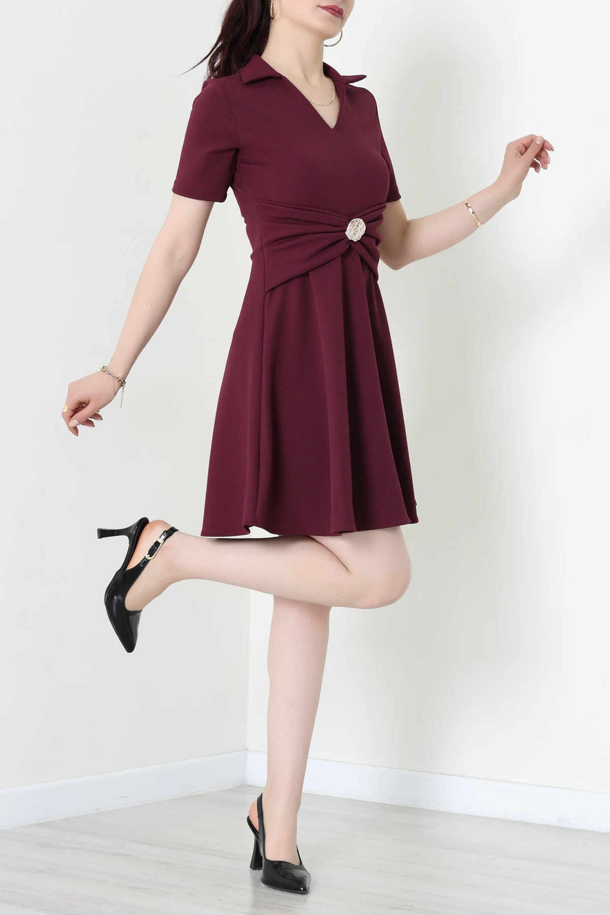 Aksesuar Detaylı Krep Kumaş Kloş Elbise Mürdüm - 71182.2143.