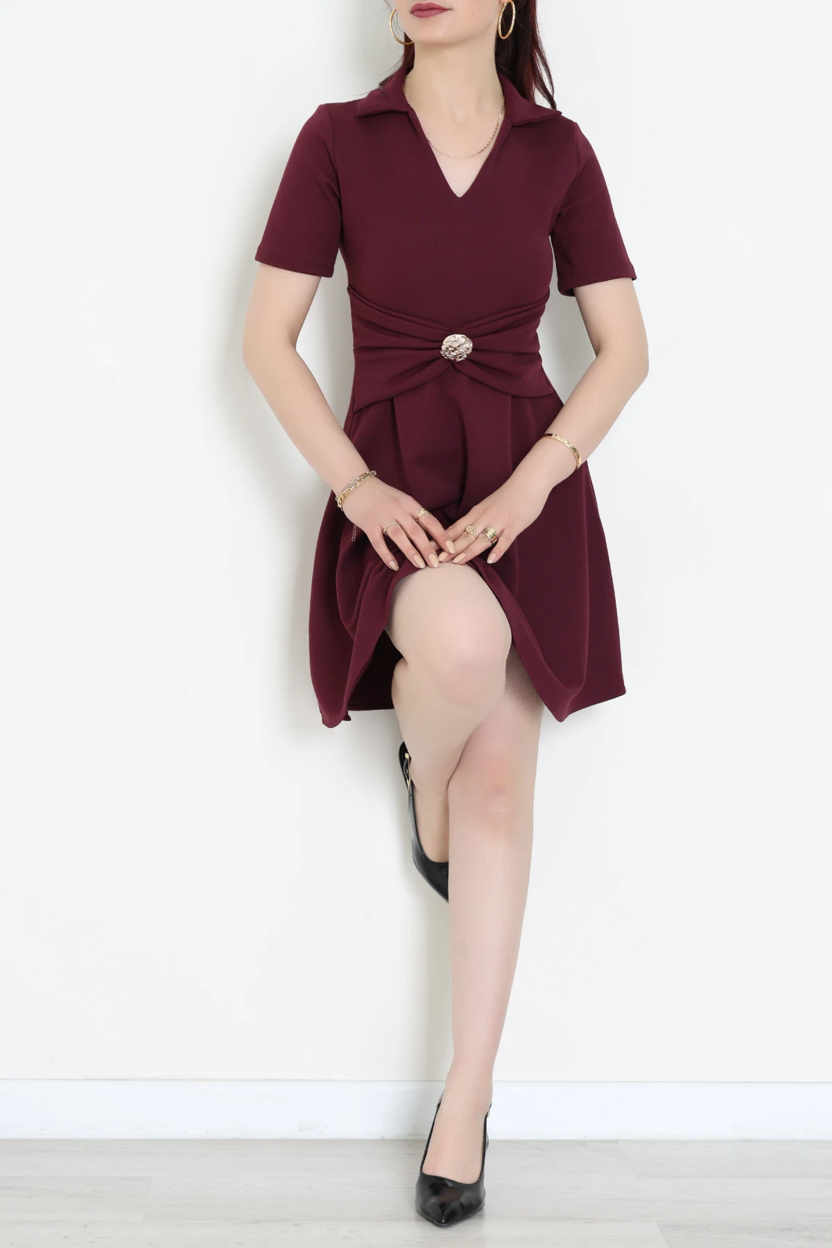 Aksesuar Detaylı Krep Kumaş Kloş Elbise Mürdüm - 71182.2143.