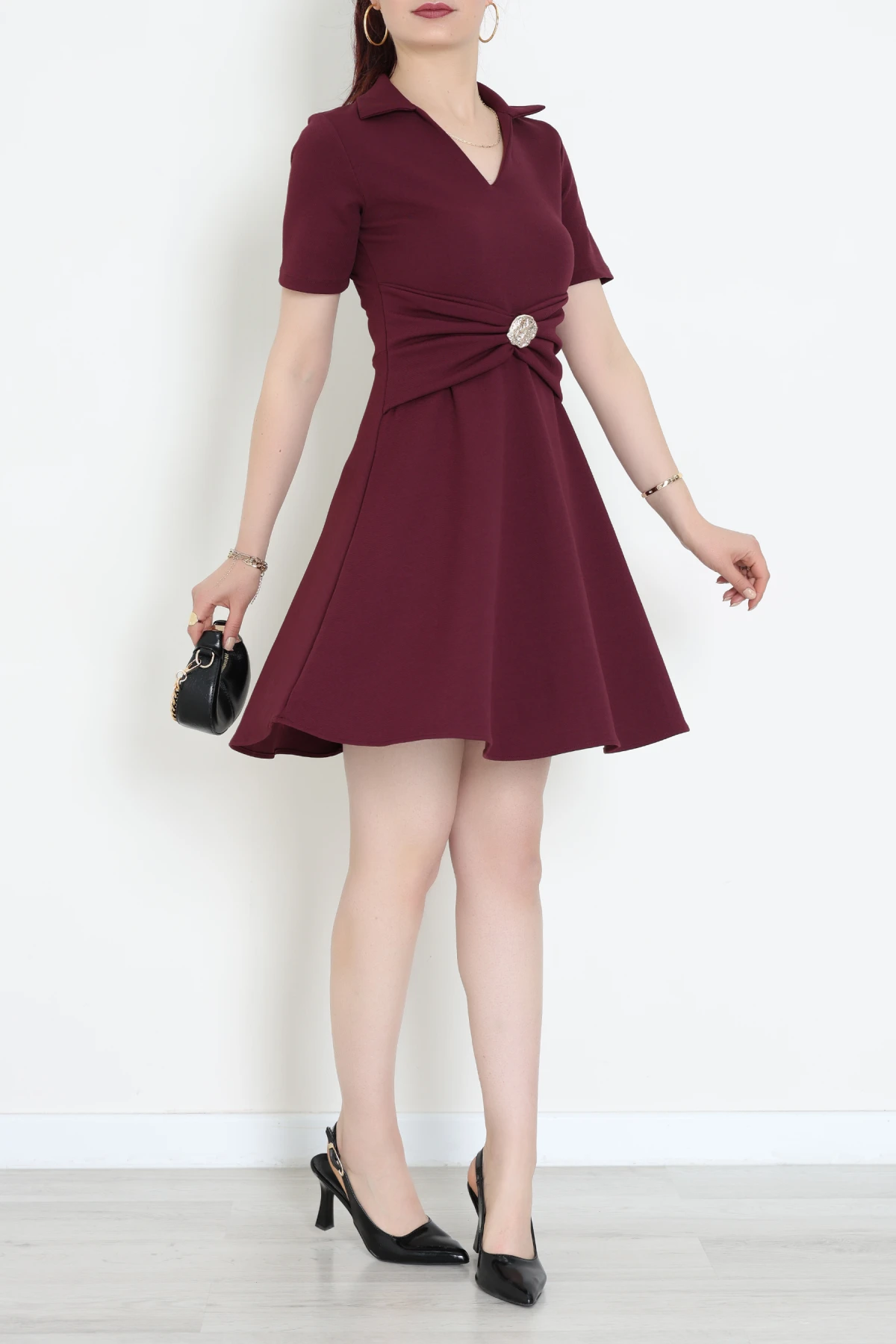 Aksesuar Detaylı Krep Kumaş Kloş Elbise Mürdüm - 71182.2143.