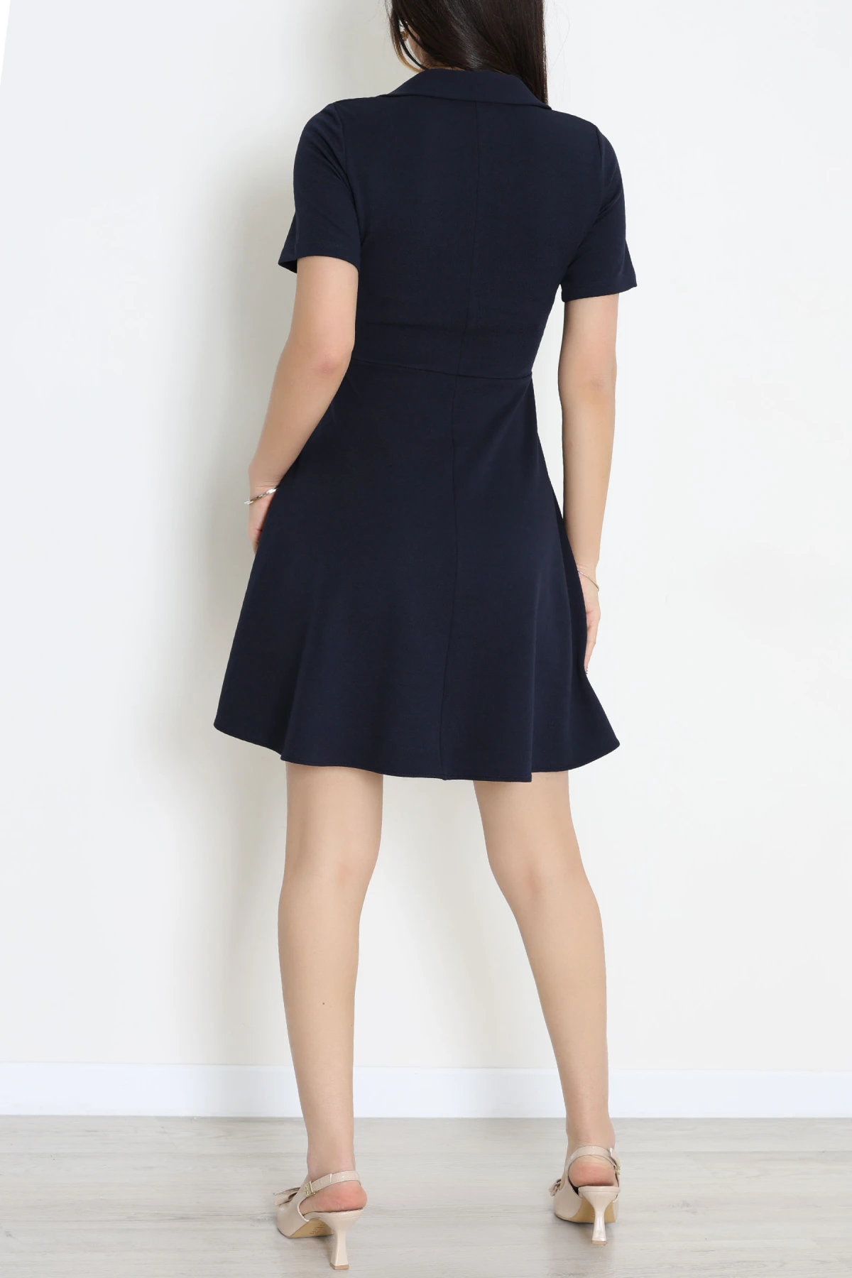 Aksesuar Detaylı Krep Kumaş Kloş Elbise Lacivert - 71182.2143.