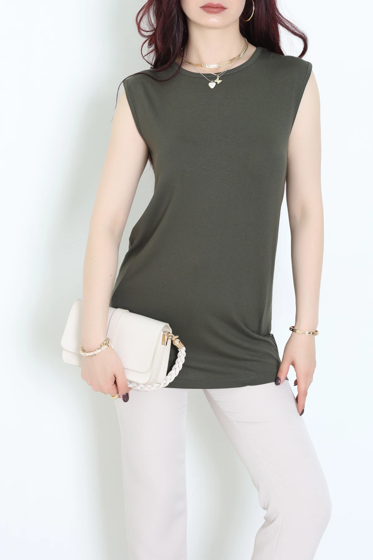 Bisiklet Yaka Sıfır Kollu Viskon Bluz Haki - 71487.599.