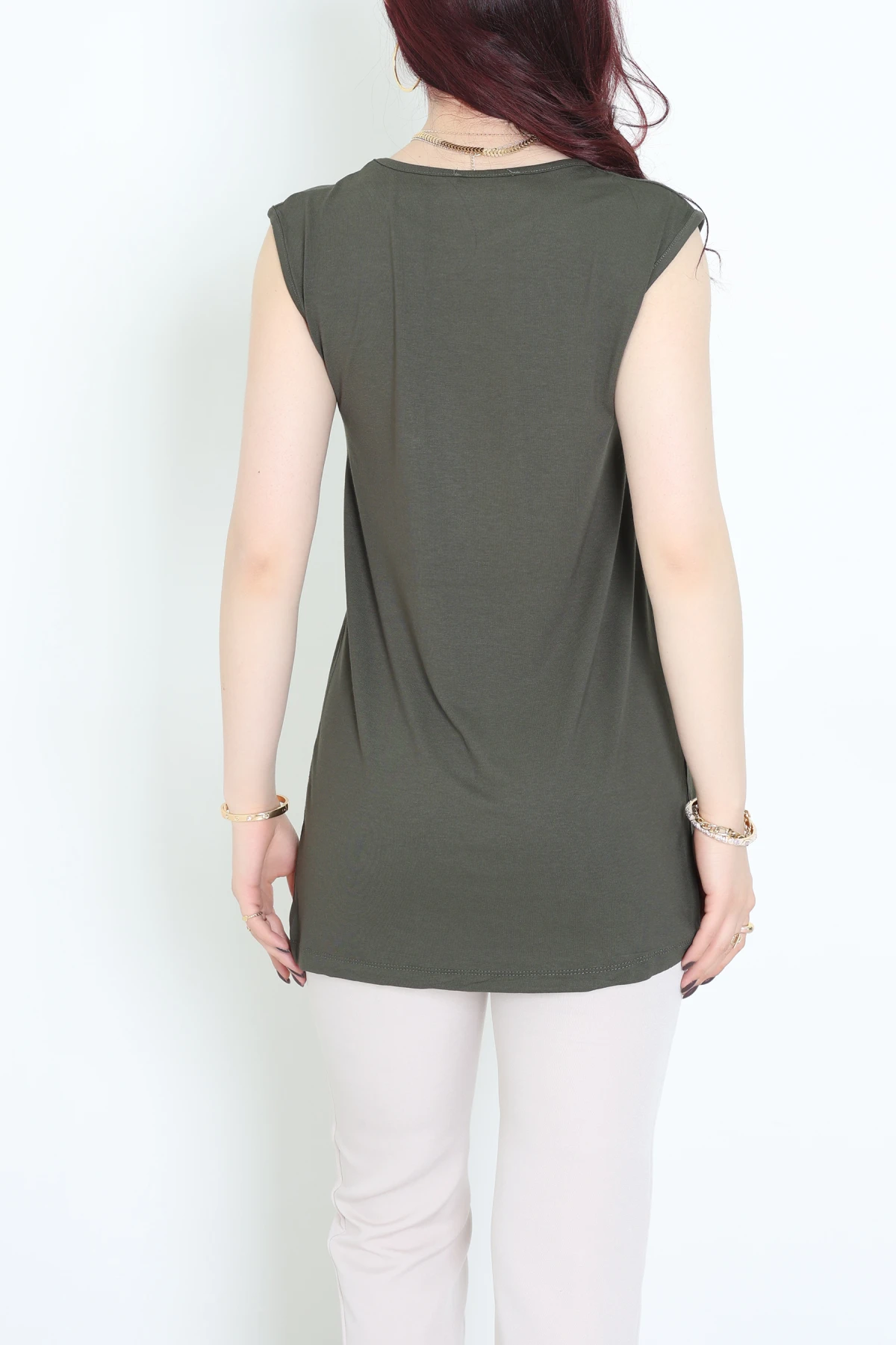 Bisiklet Yaka Sıfır Kollu Viskon Bluz Haki - 71487.599.